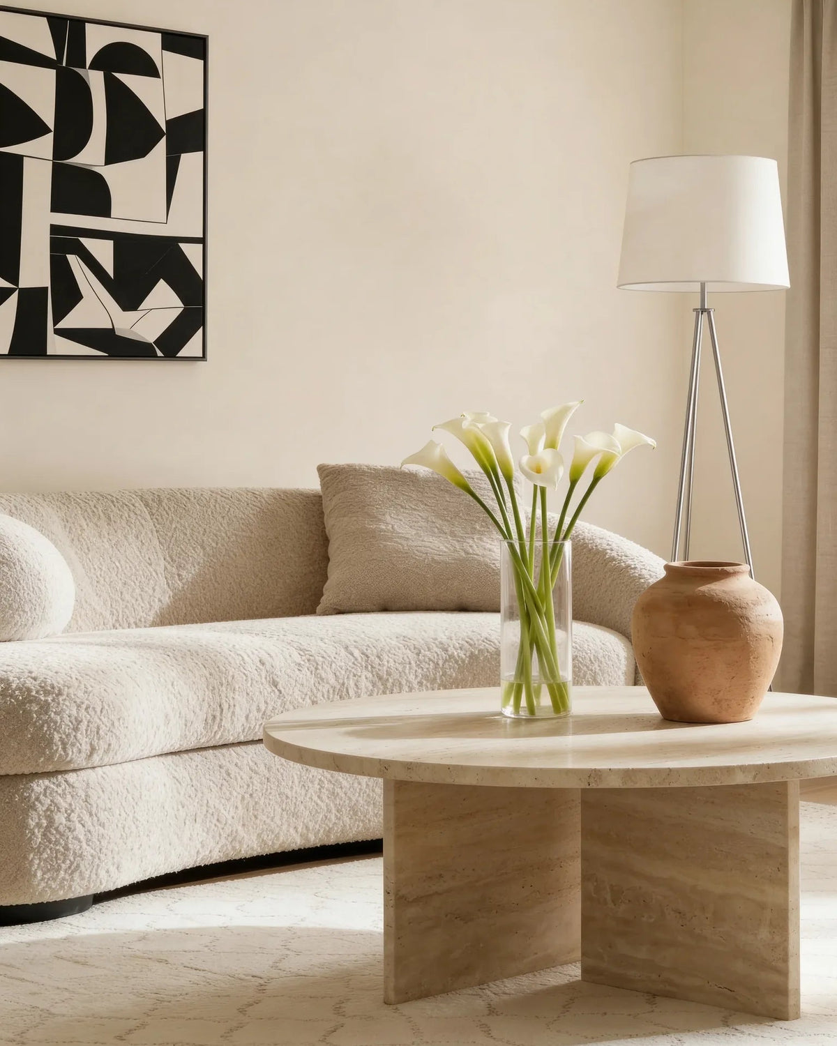 Travertine coffee table, close-up of the geometric base