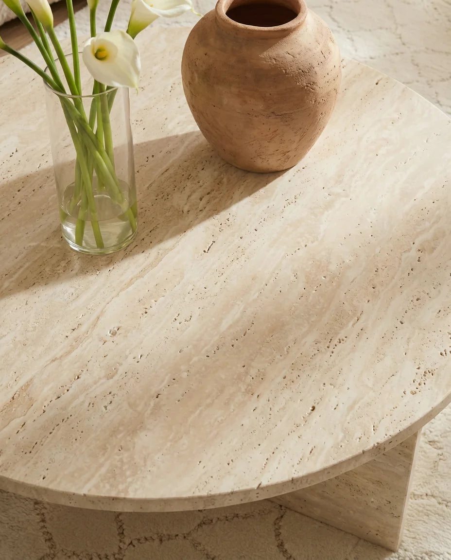 Ophelia Natural Travertine Coffee Table with Geometric Base