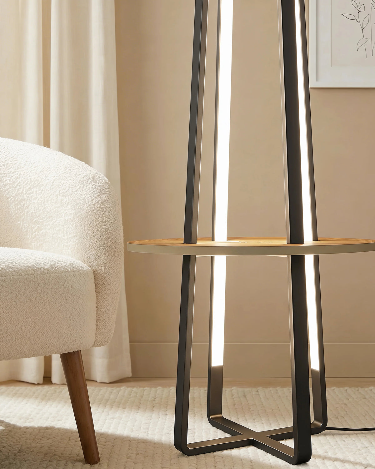 Rachel geometric LED floor lamp with wooden table, close-up detail