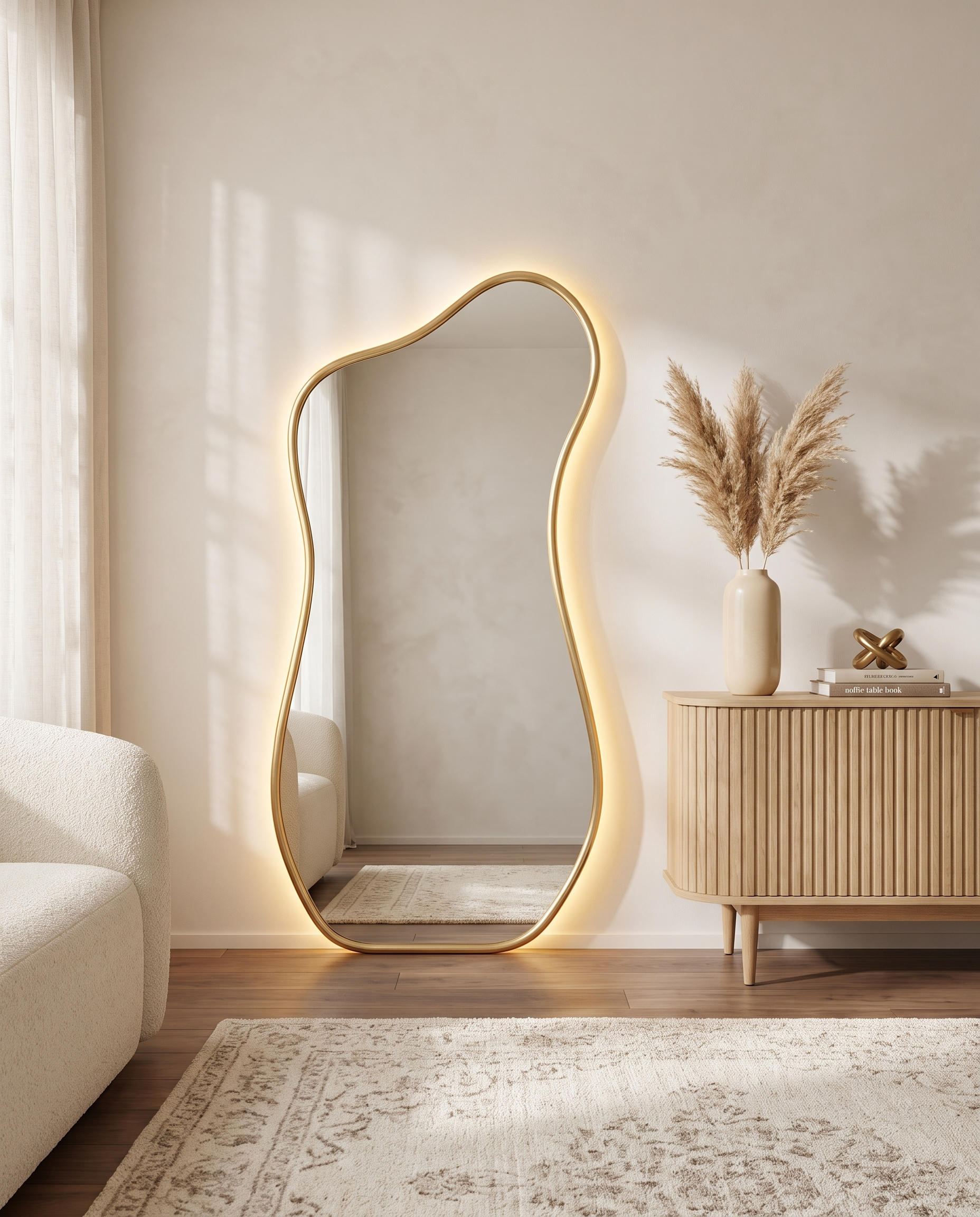 Ralph gold backlit vanity mirror, close-up of the halo glow
