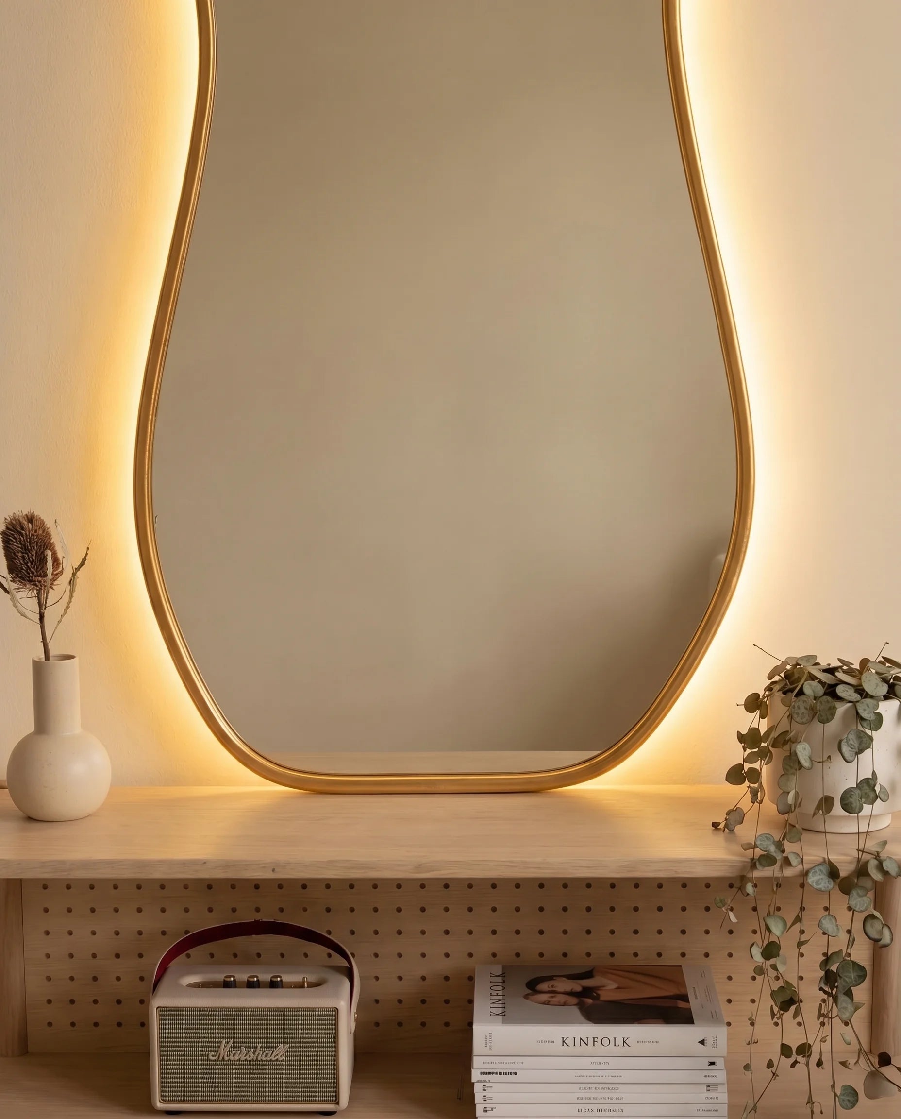 Ralph gold backlit vanity mirror, close-up of the halo glow