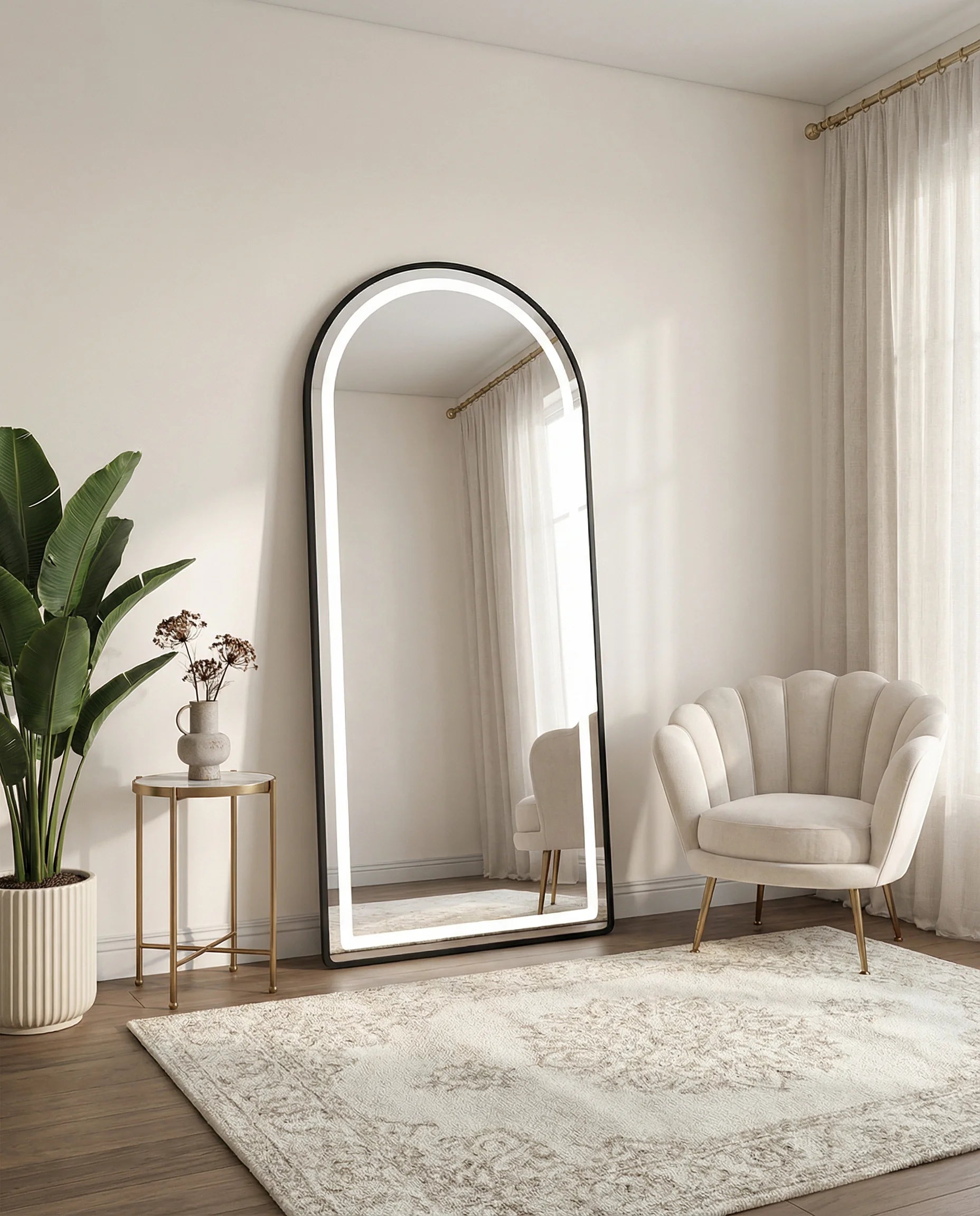Raphael black LED arched wall mirror in a Dubai living room