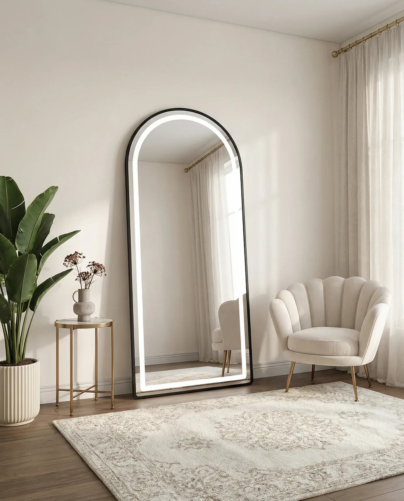 Raphael black LED arched wall mirror in a Dubai living room