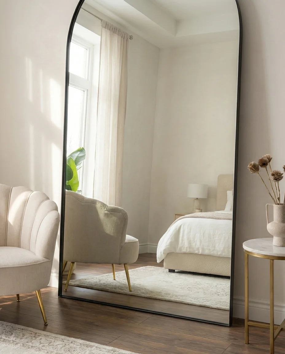 Raphael black arched wall mirror, close-up of the slim frame