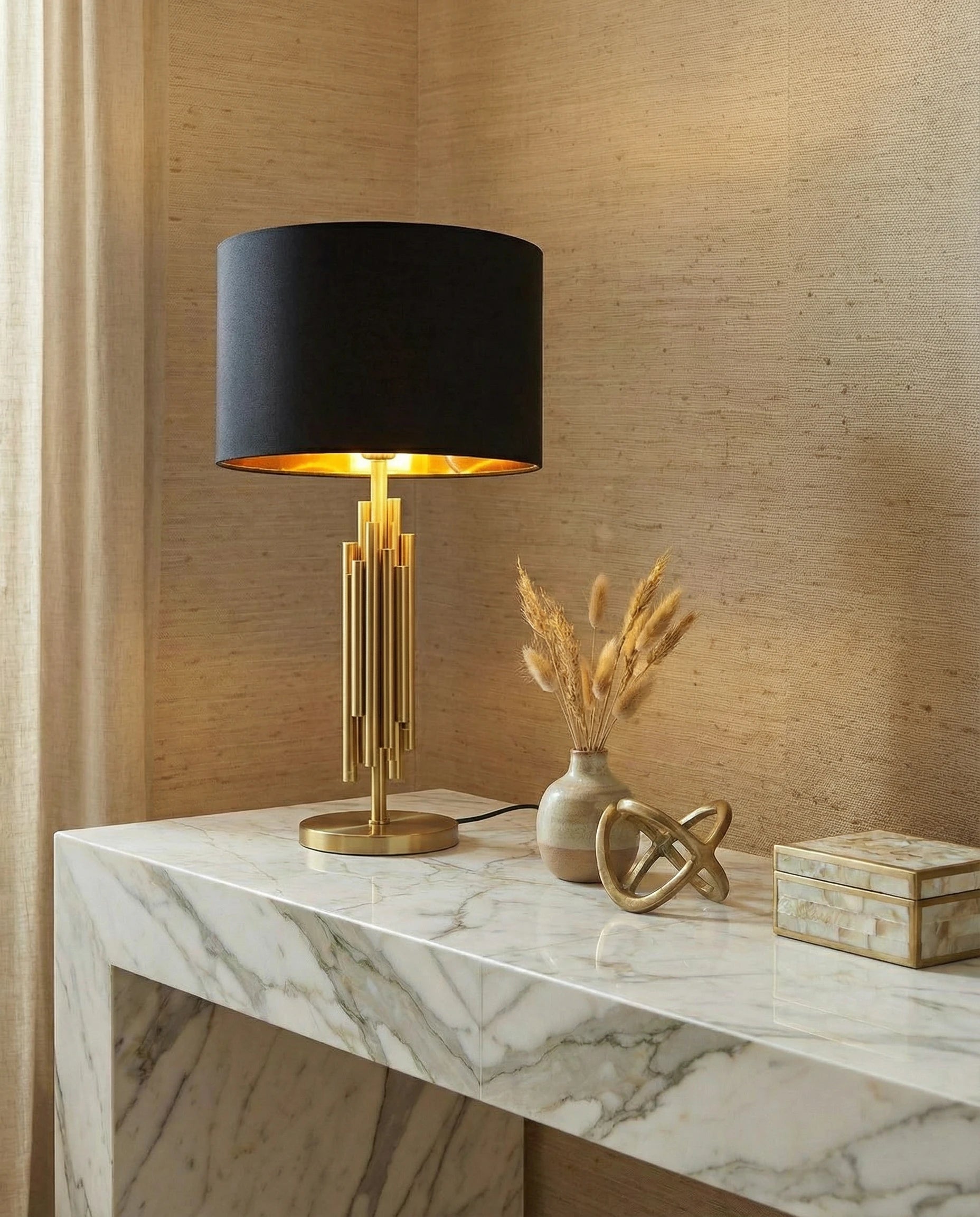 Regal Black Table Lamp with Designer Golden Stand