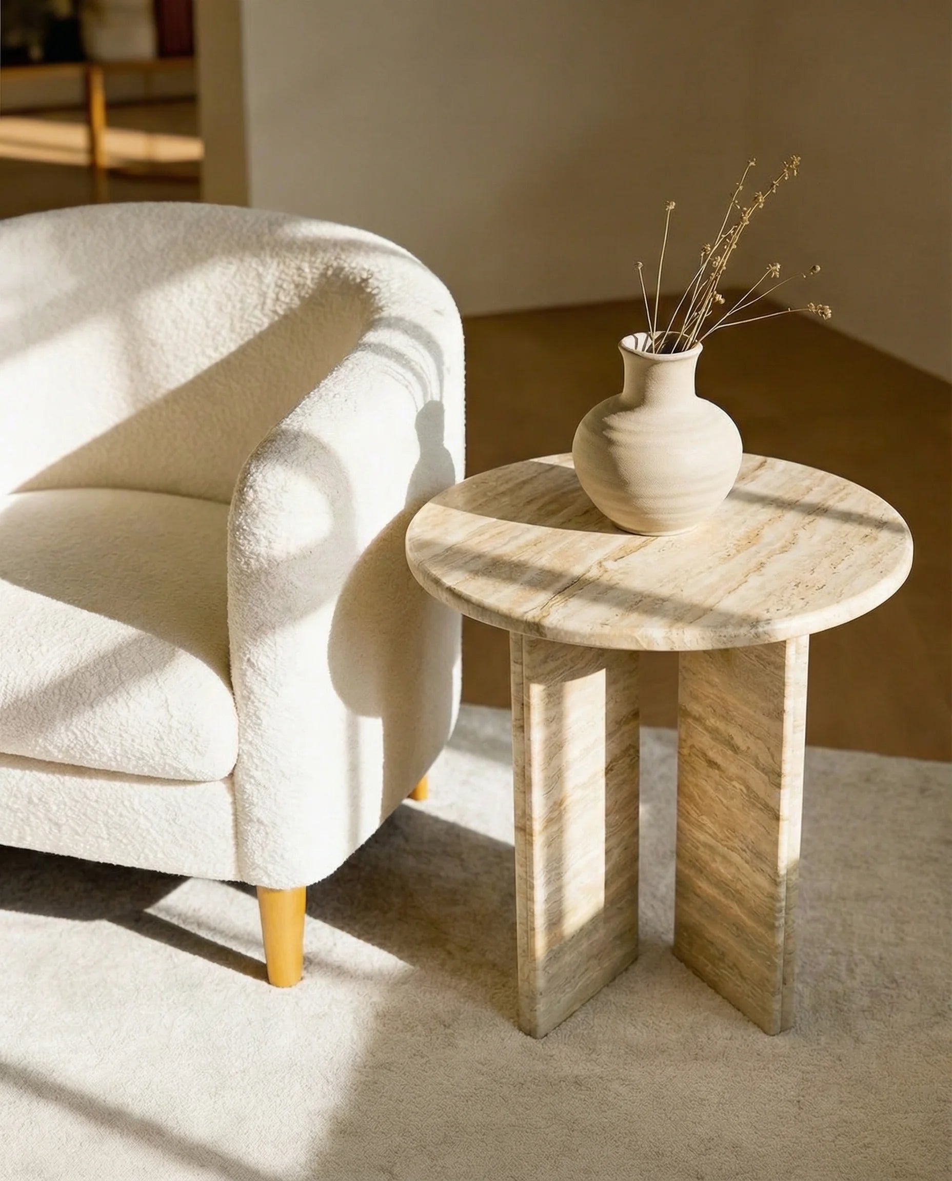 Regal Travertine Round Side Table with Geometric Base