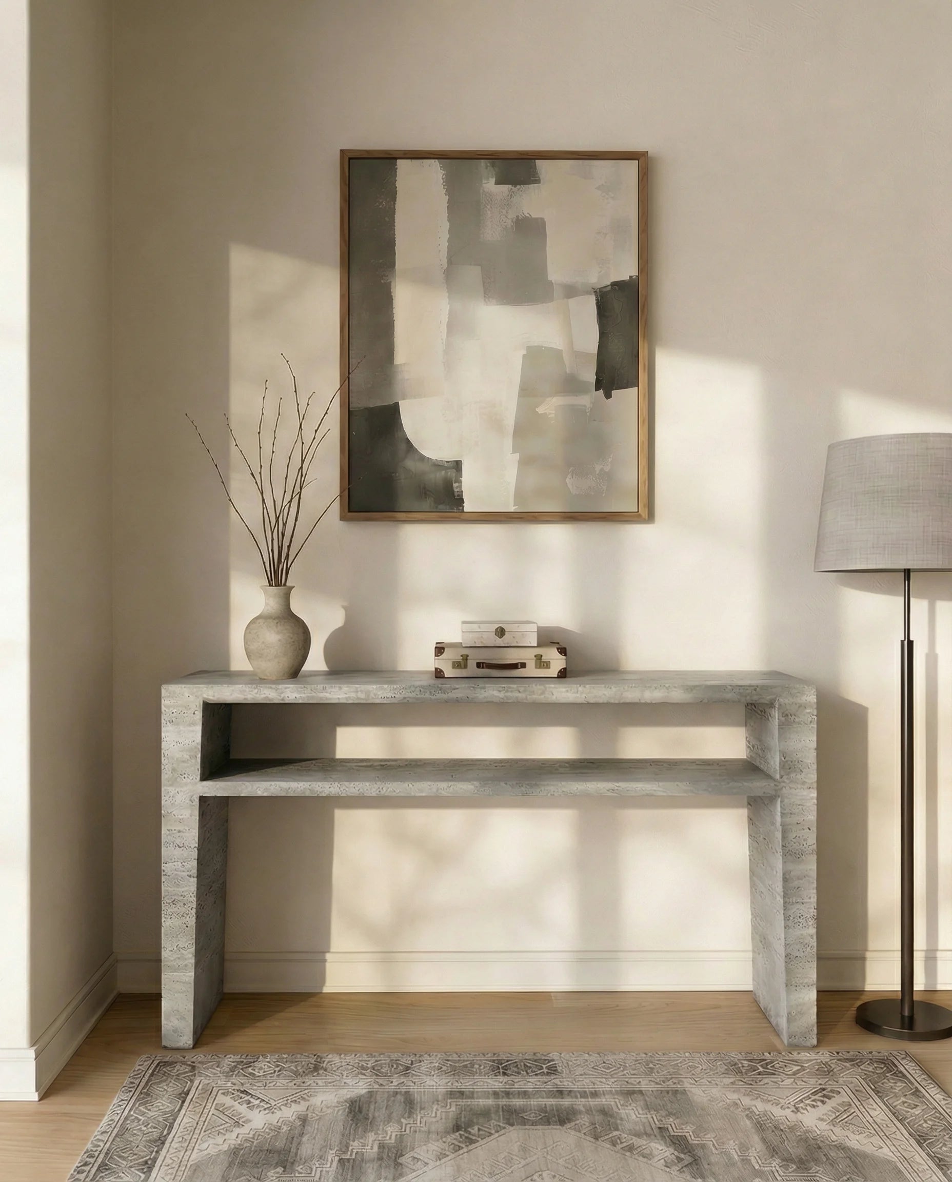 Russell Grey Travertine Console Table with Shelf