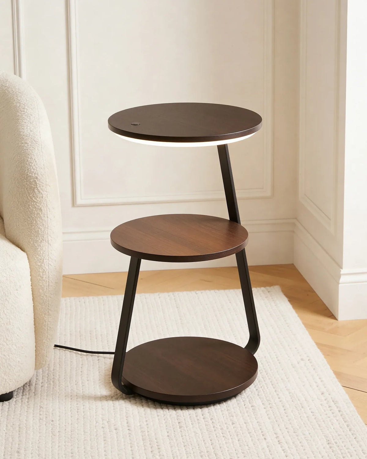 Smart WiFi LED floor lamp with wooden table, close-up detail
