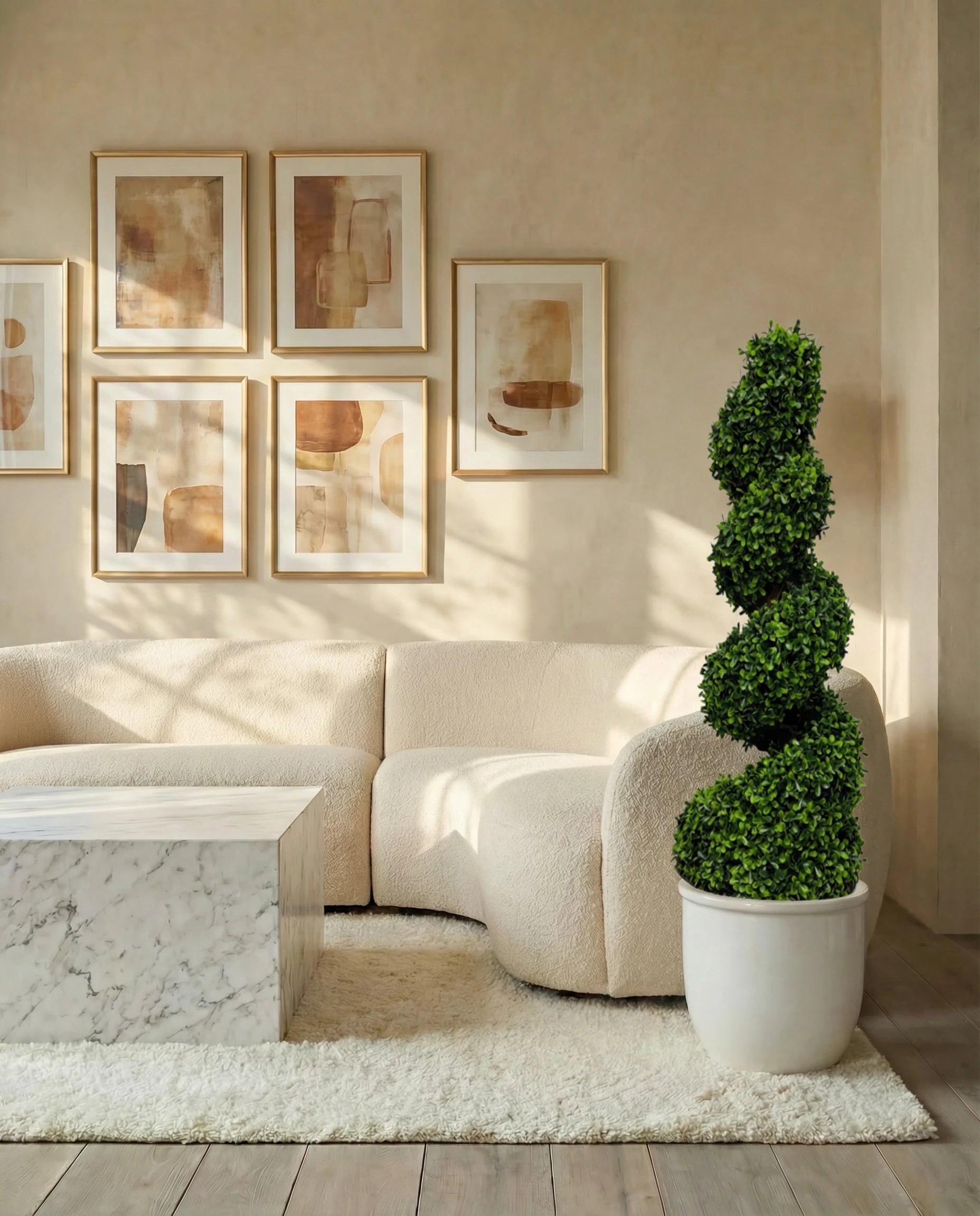 Spiral topiary bonsai tree in a Dubai living room