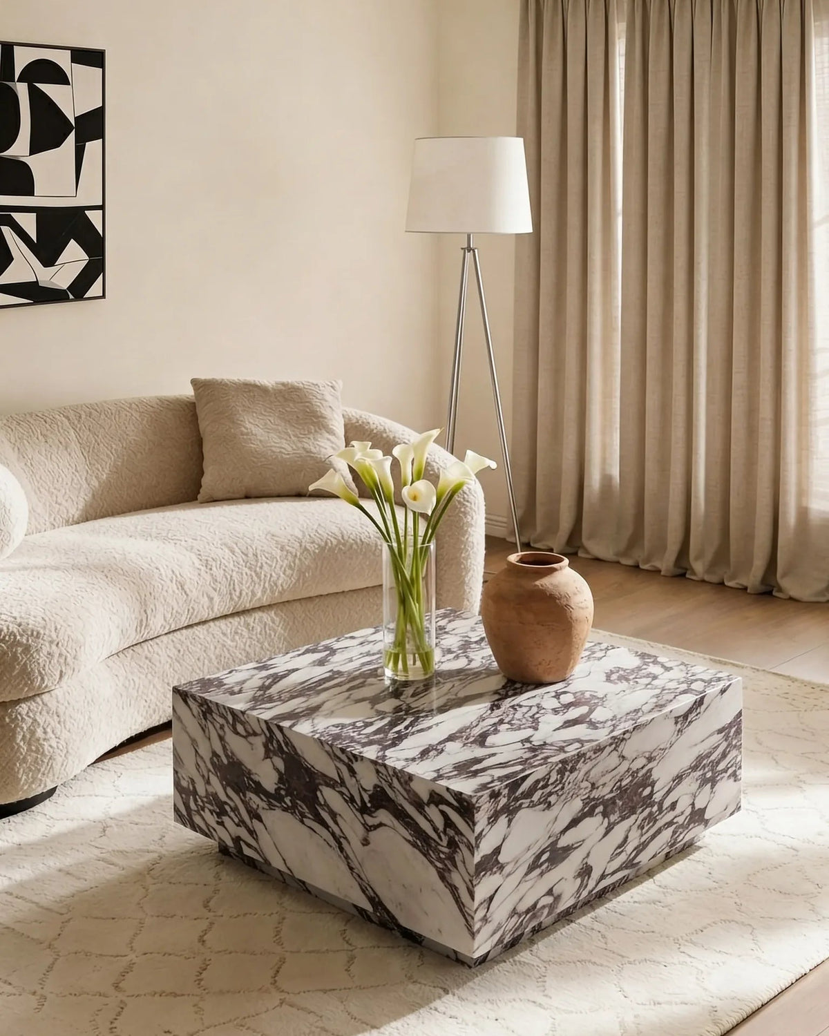 Square Calacatta Viola marble floating coffee table