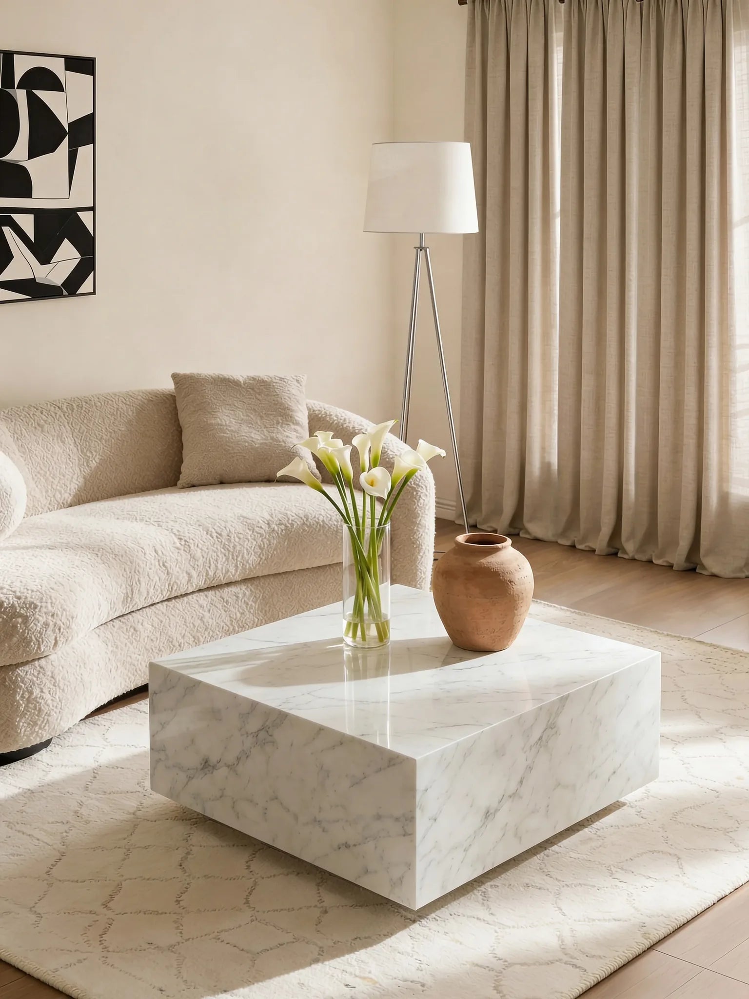 Square Carrara marble floating coffee table
