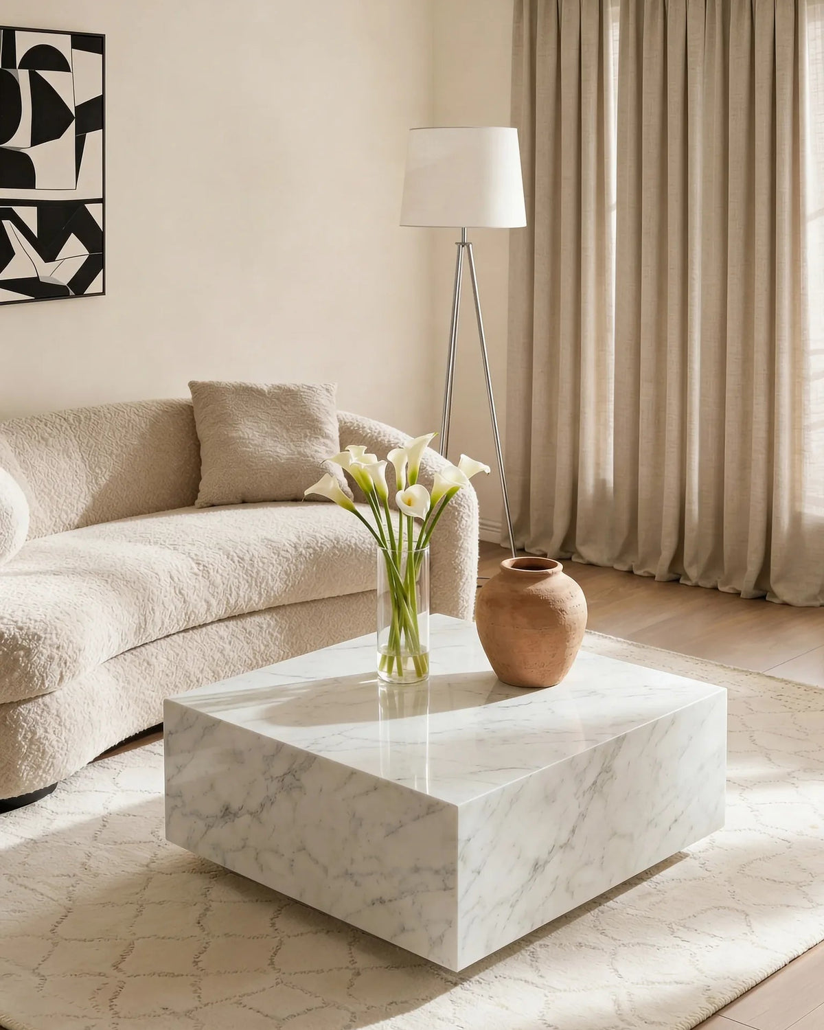 Square Carrara marble floating coffee table