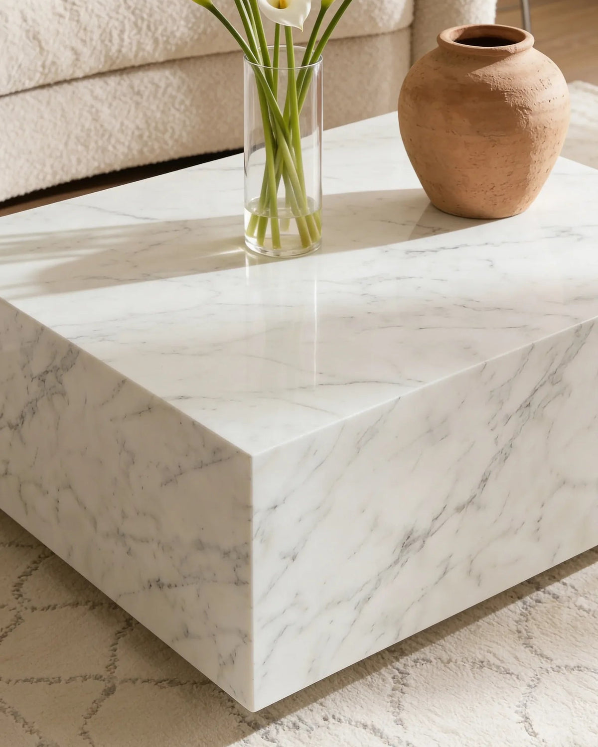 Carrara marble coffee table, close-up of the white veining