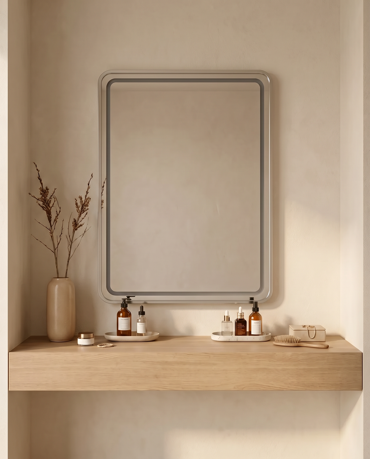 Syra LED Silver Vanity Wall Rectangular Mirror with Rounded Corners