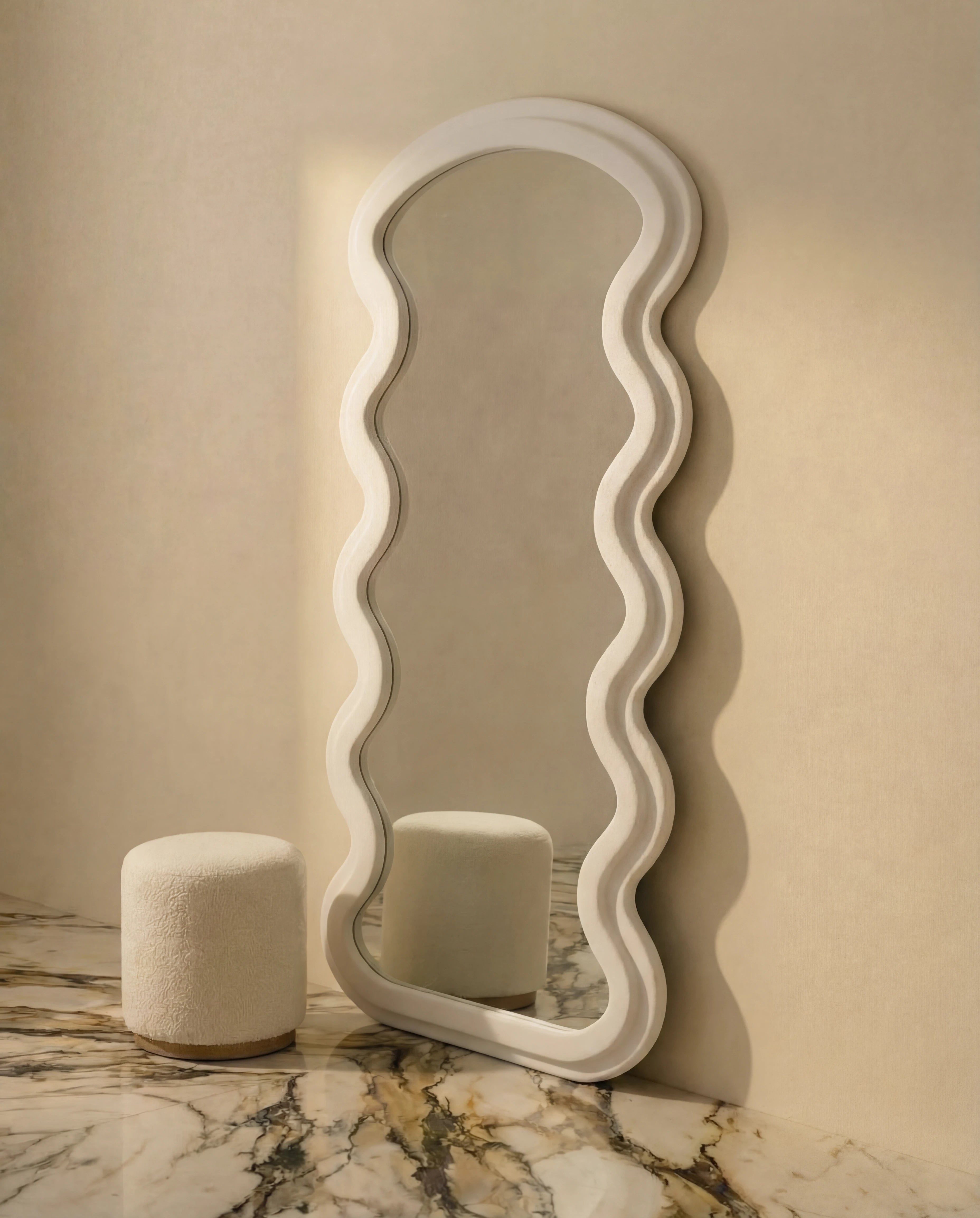 Vienna White Flannelette Fabric Wavy Full Body Mirror