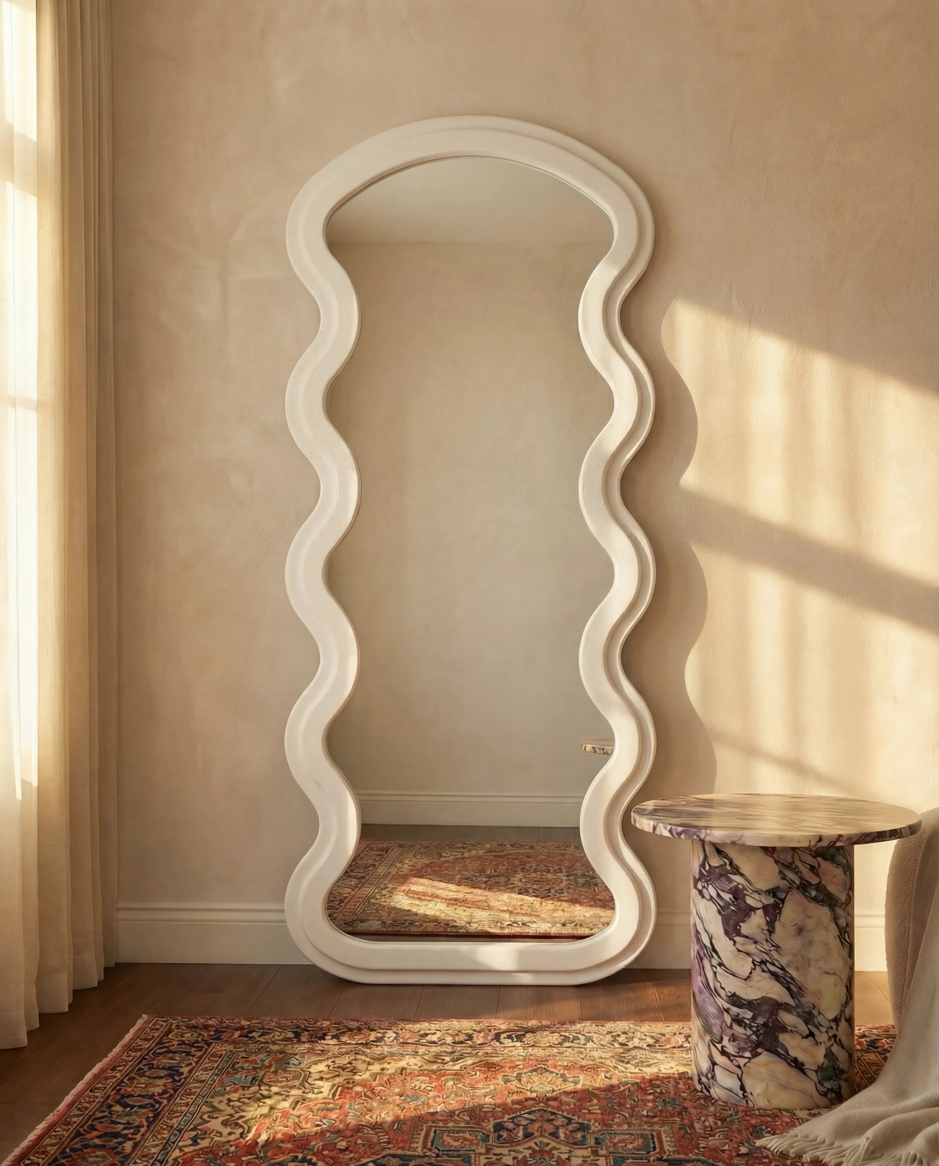 Vienna White Flannelette Fabric Wavy Full Body Mirror