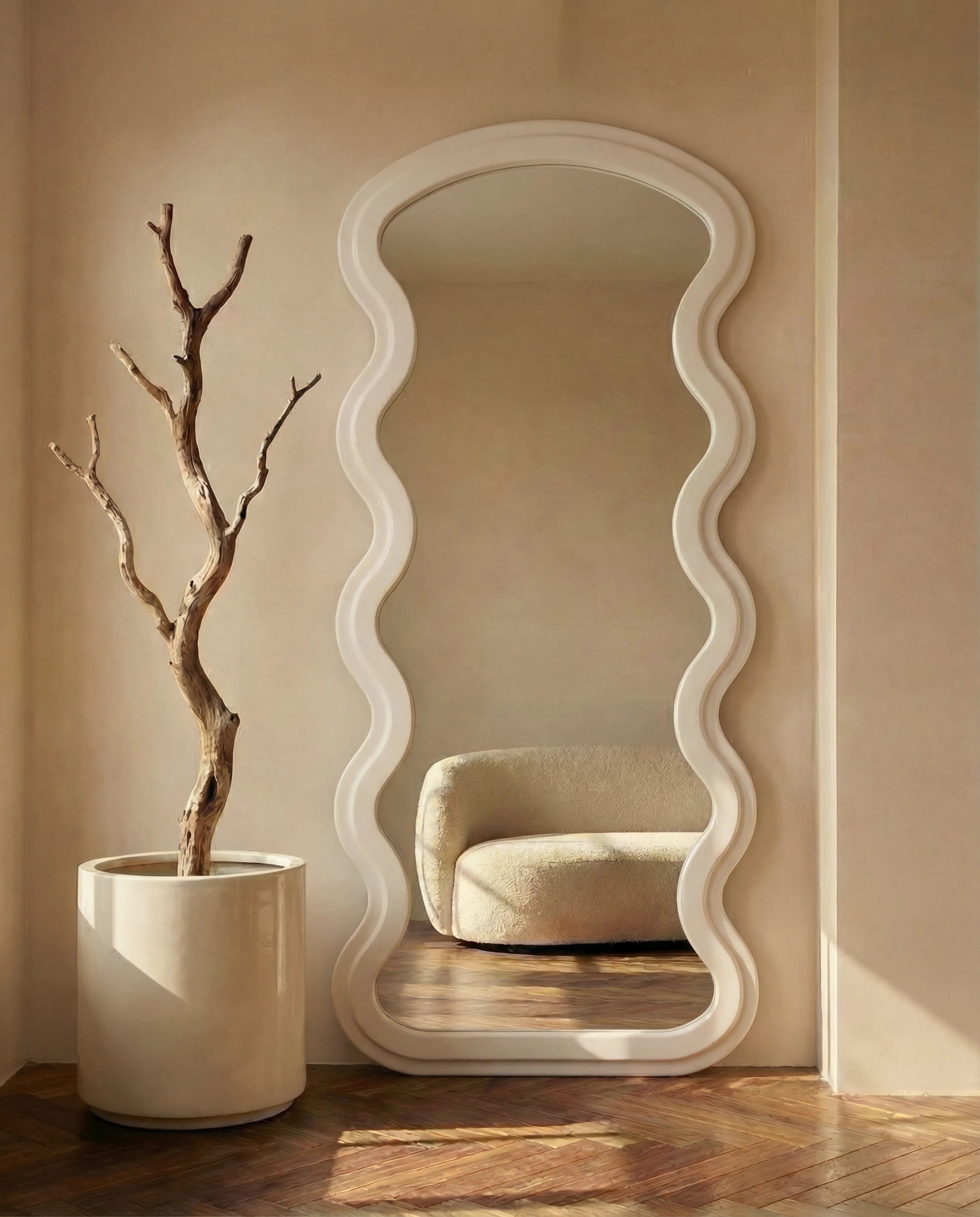 Vienna White Flannelette Fabric Wavy Full Body Mirror