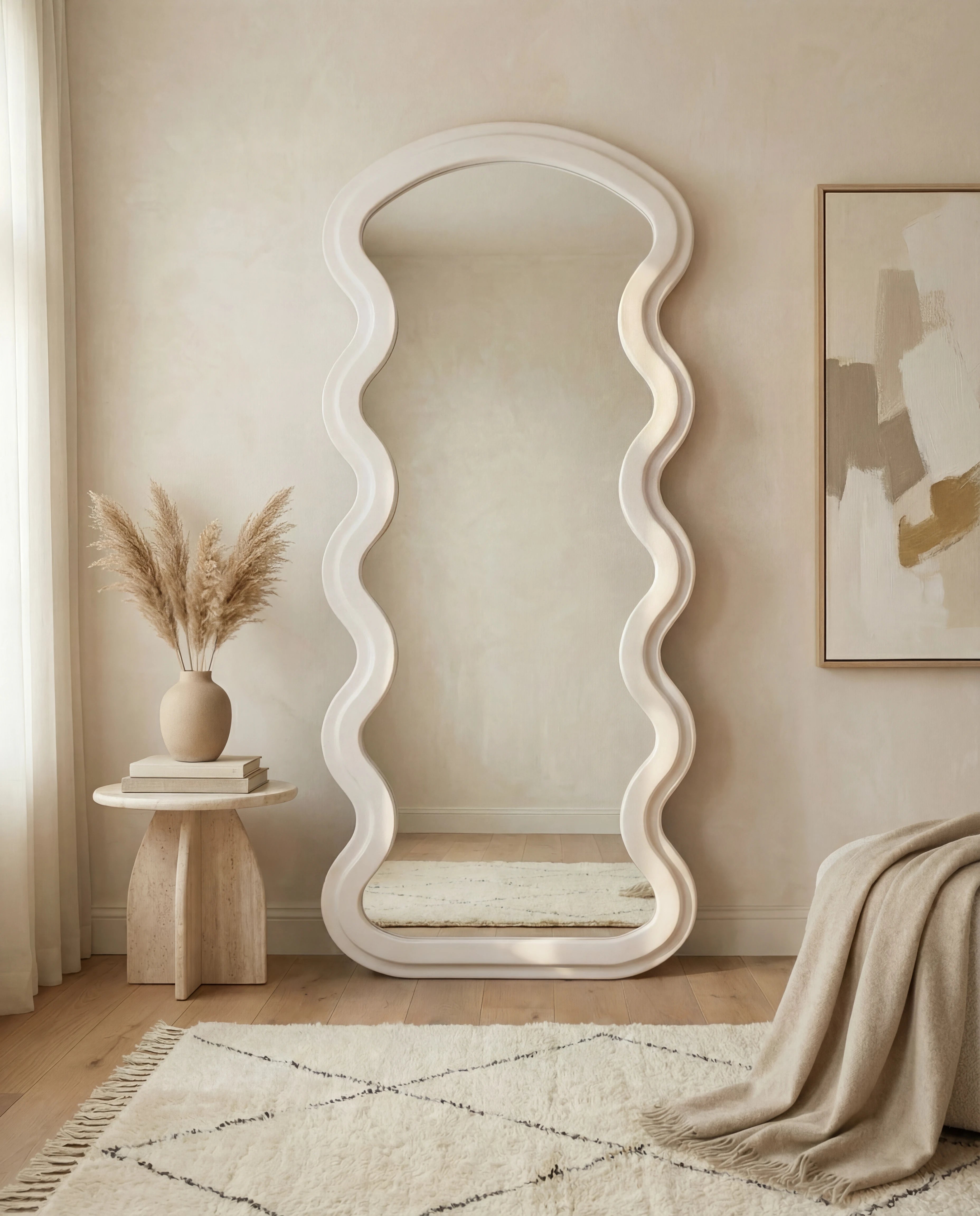 Vienna White Flannelette Fabric Wavy Full Body Mirror