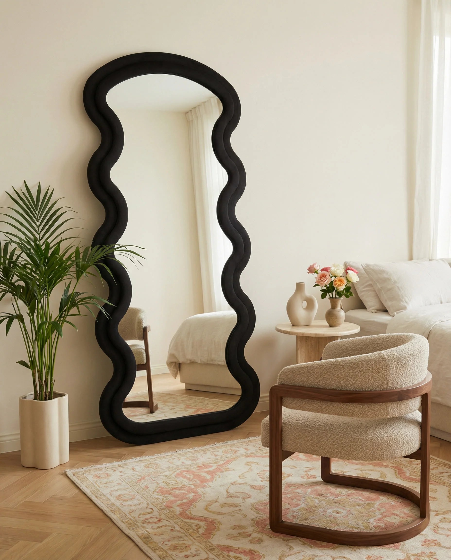 Vienna black wavy full-body mirror in a Dubai bedroom