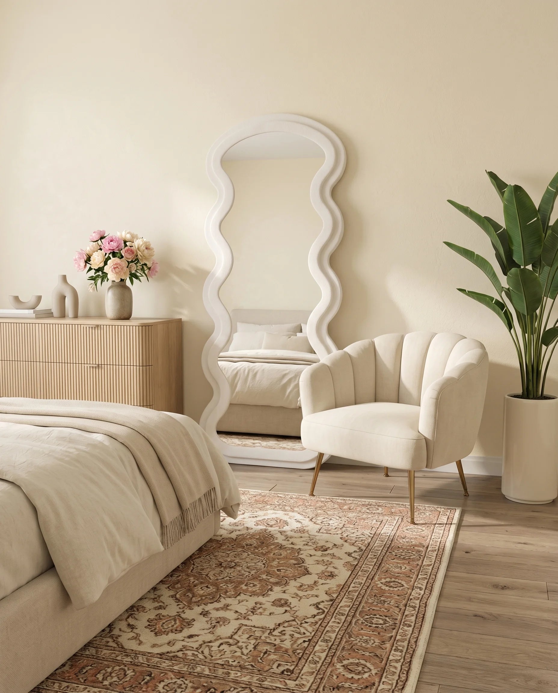 Vienna white wavy full-body mirror in a Dubai bedroom