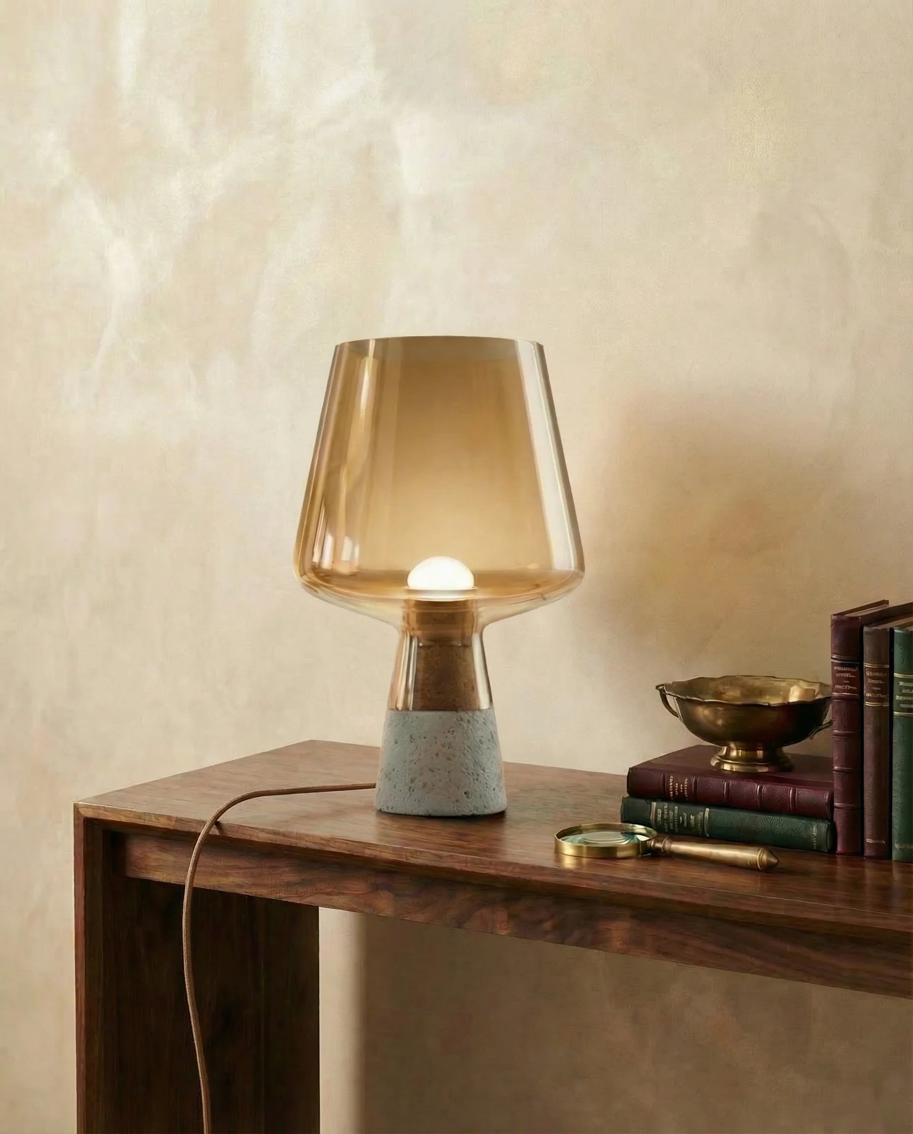 Amber glass table lamp, close-up of the hand-blown shade