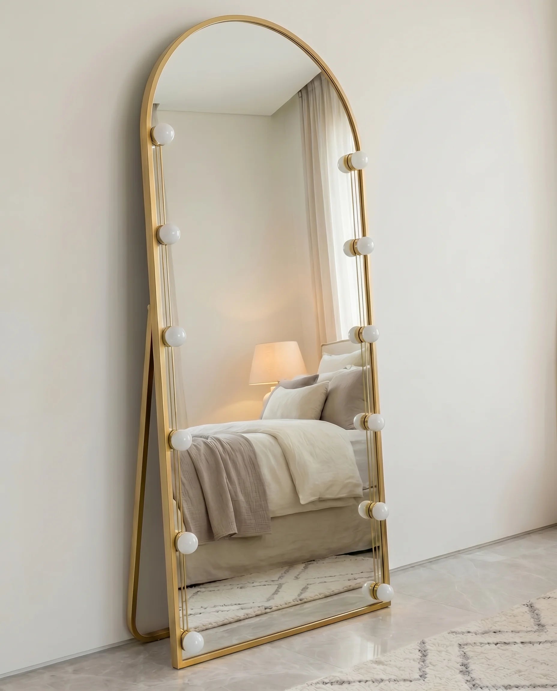 Angelina LED Gold Arched Hollywood Mirror with Stand