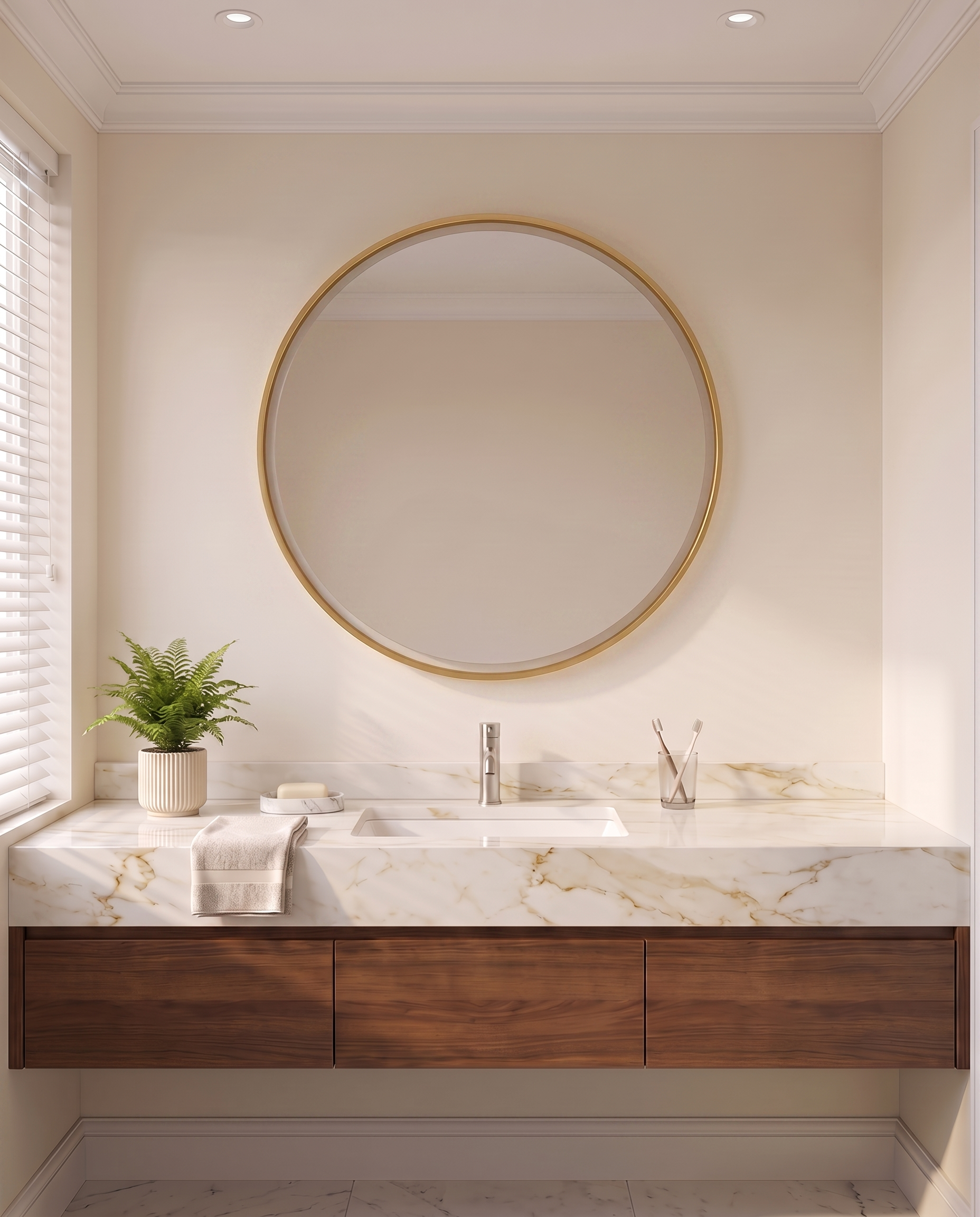 Callis gold round LED wall mirror, close-up of the lit inner frame
