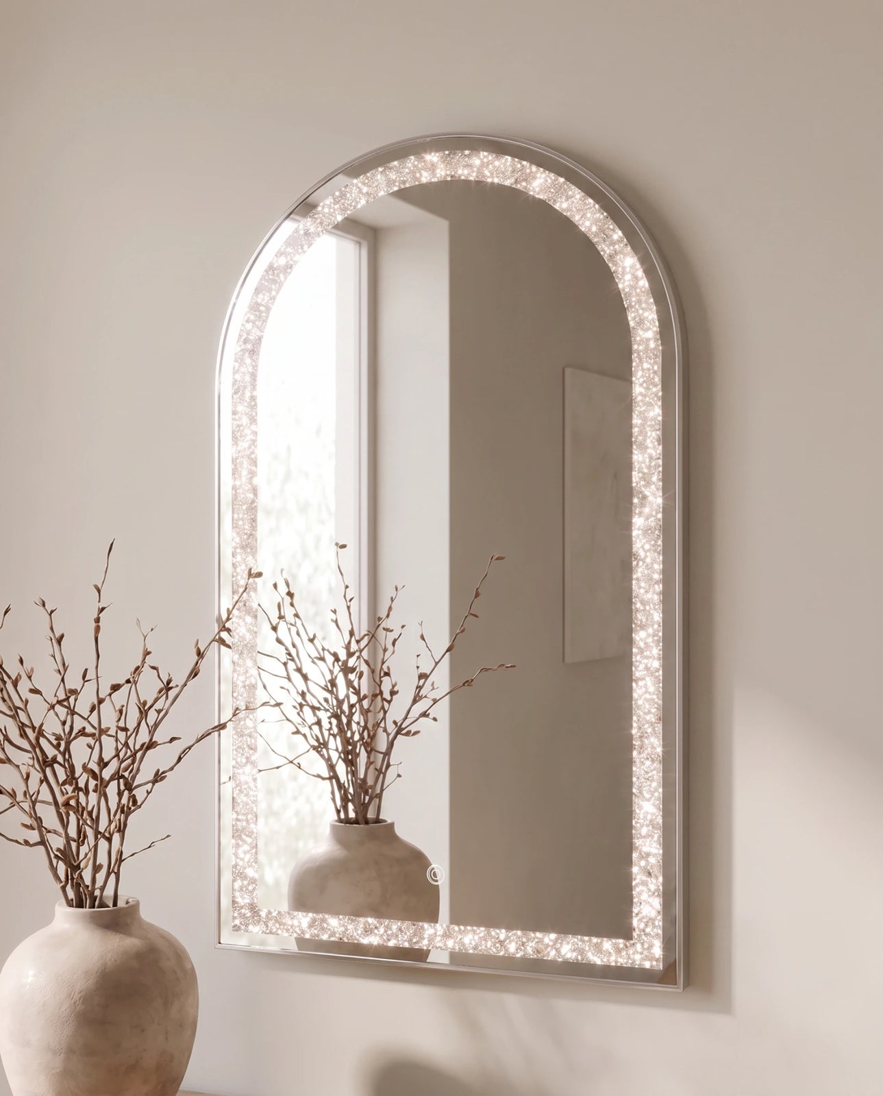 Celine silver arch LED mirror with crystal inlay in a Dubai bathroom