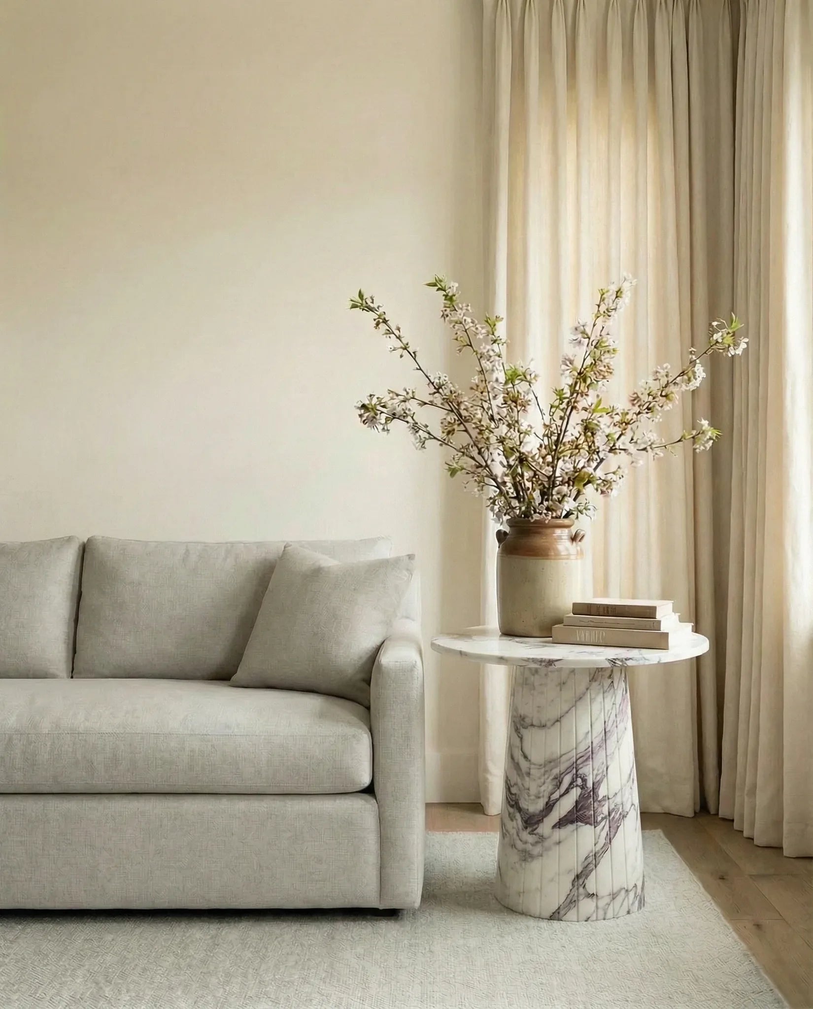Classic Arabescato round marble side table, full view