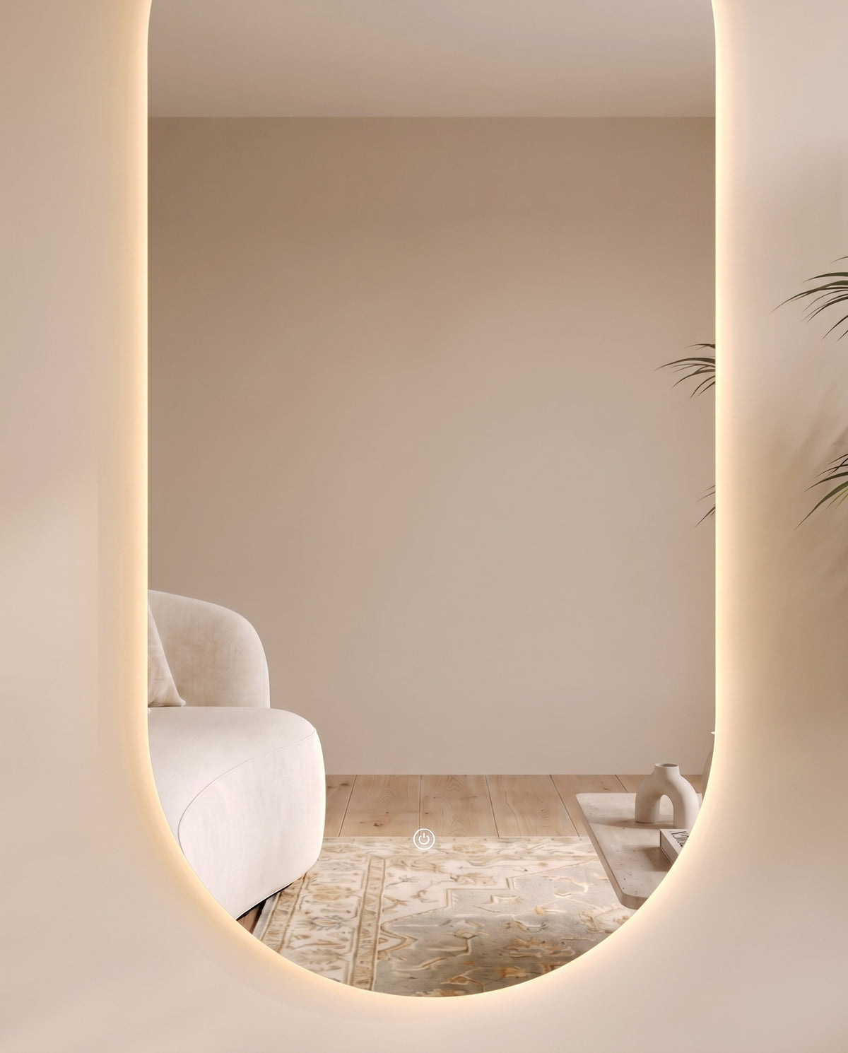 Berlin LED frameless oval mirror, close-up of the lit edge