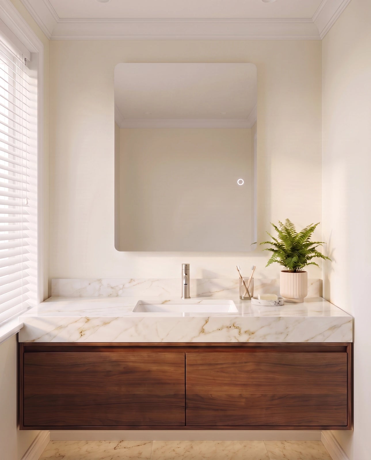 Faye frameless LED wall mirror, close-up of the lit edge