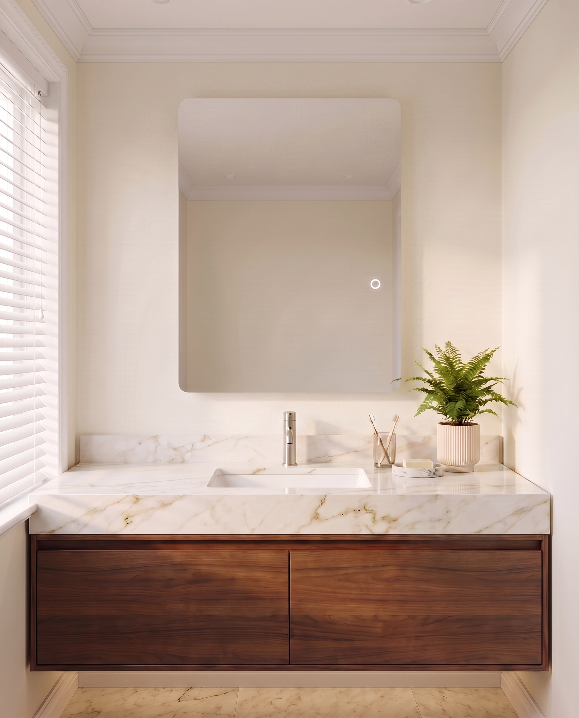Fern frameless LED wall mirror, close-up of the lit edge