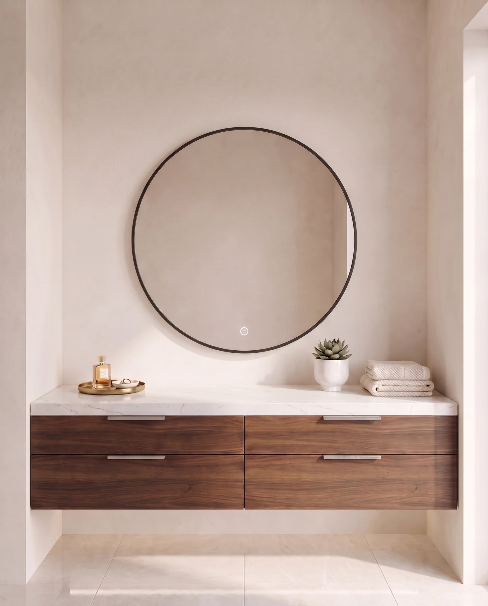 Halo black round backlit wall mirror, close-up of the backlit glow