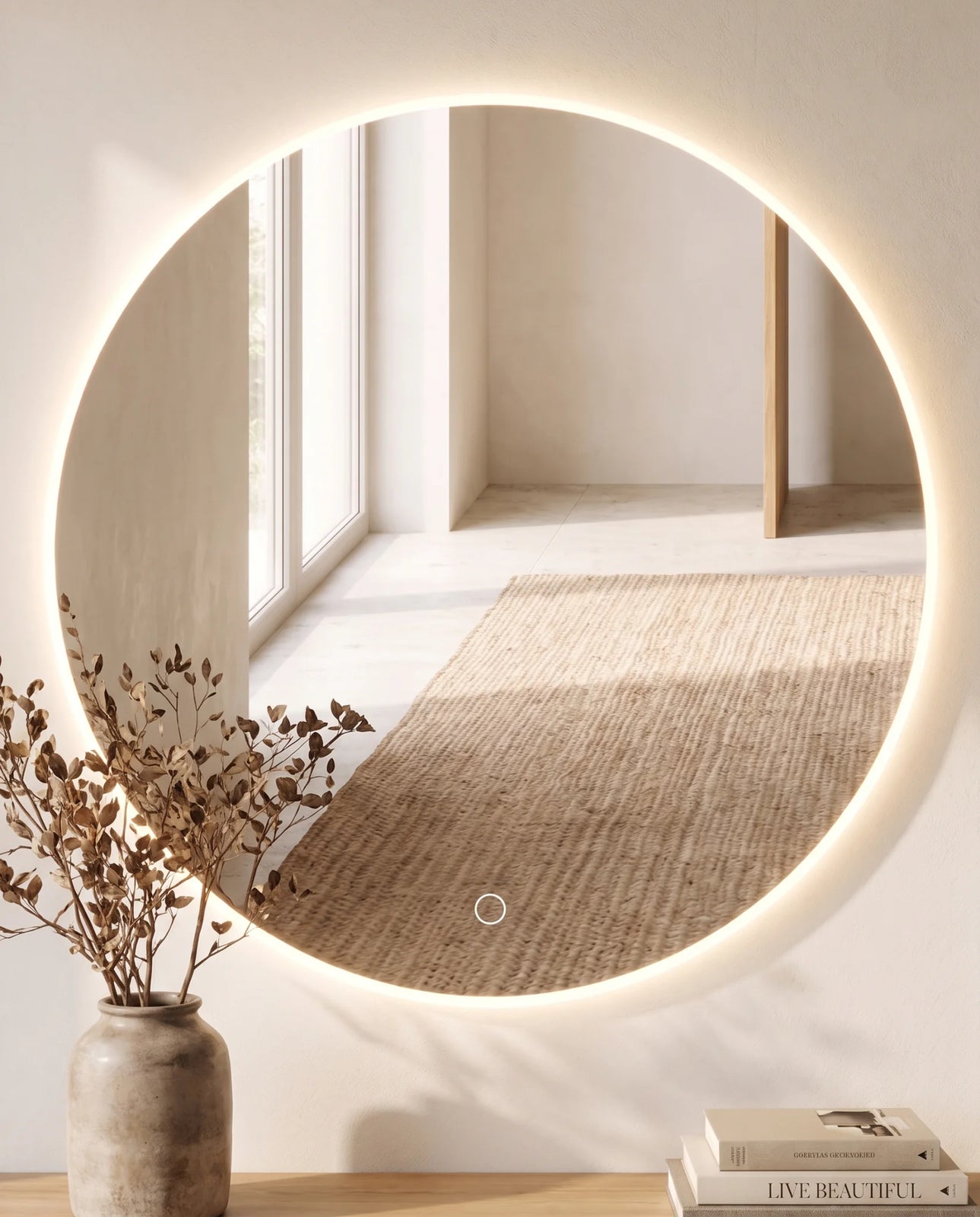 Halo frameless round backlit wall mirror in a Dubai bathroom