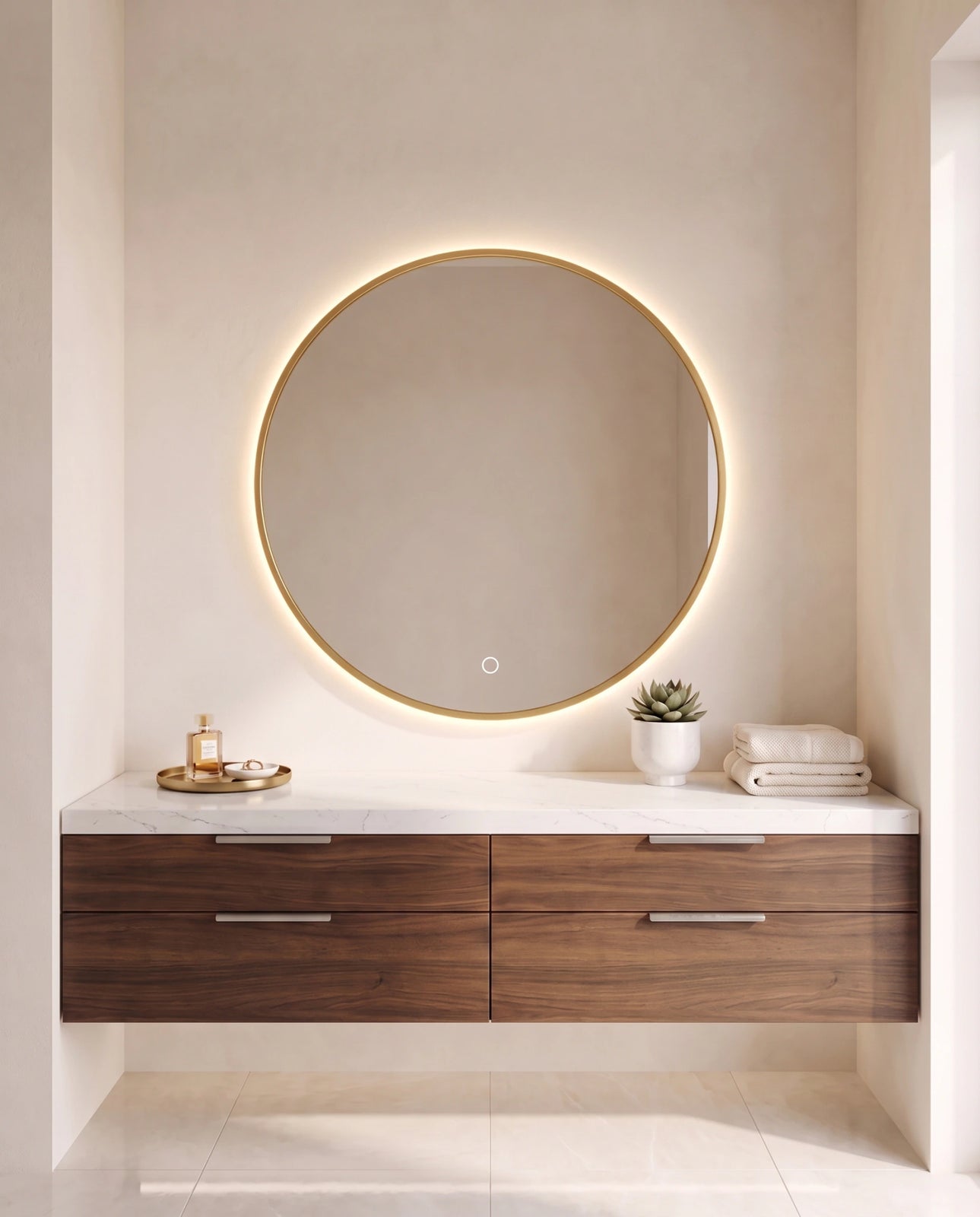 Halo gold round backlit wall mirror