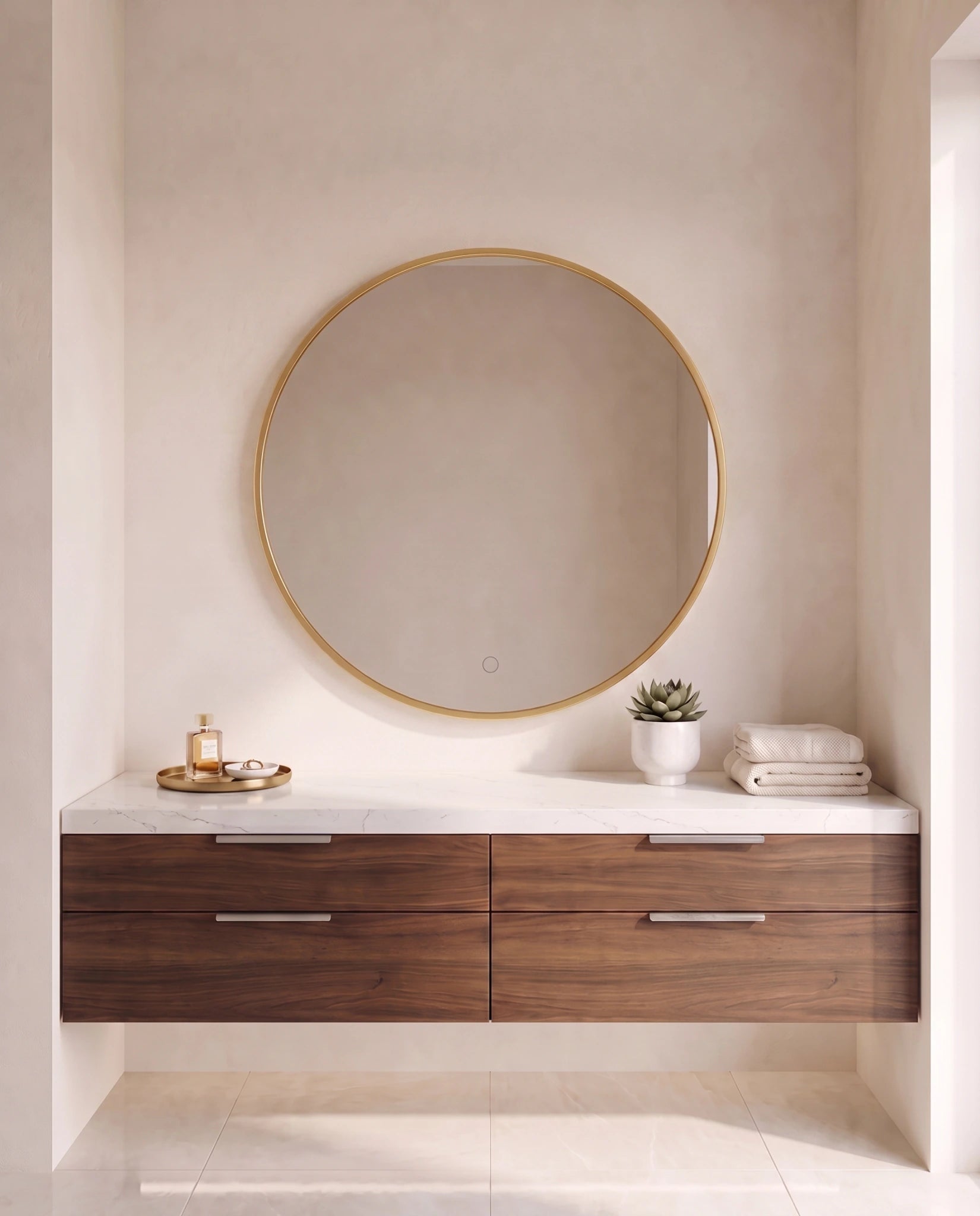Halo gold round backlit wall mirror, close-up of the backlit glow