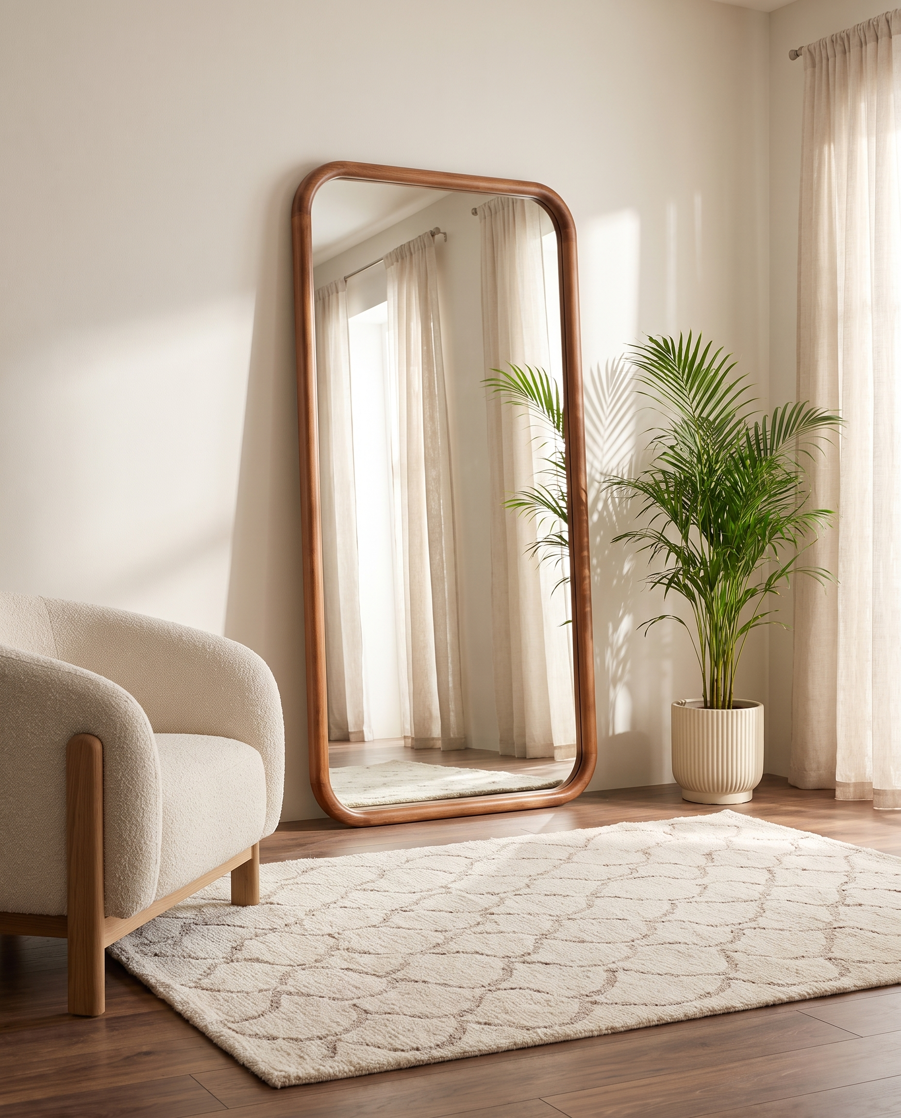 Marsden warm wood rectangular mirror leaning in a serene modern living room
