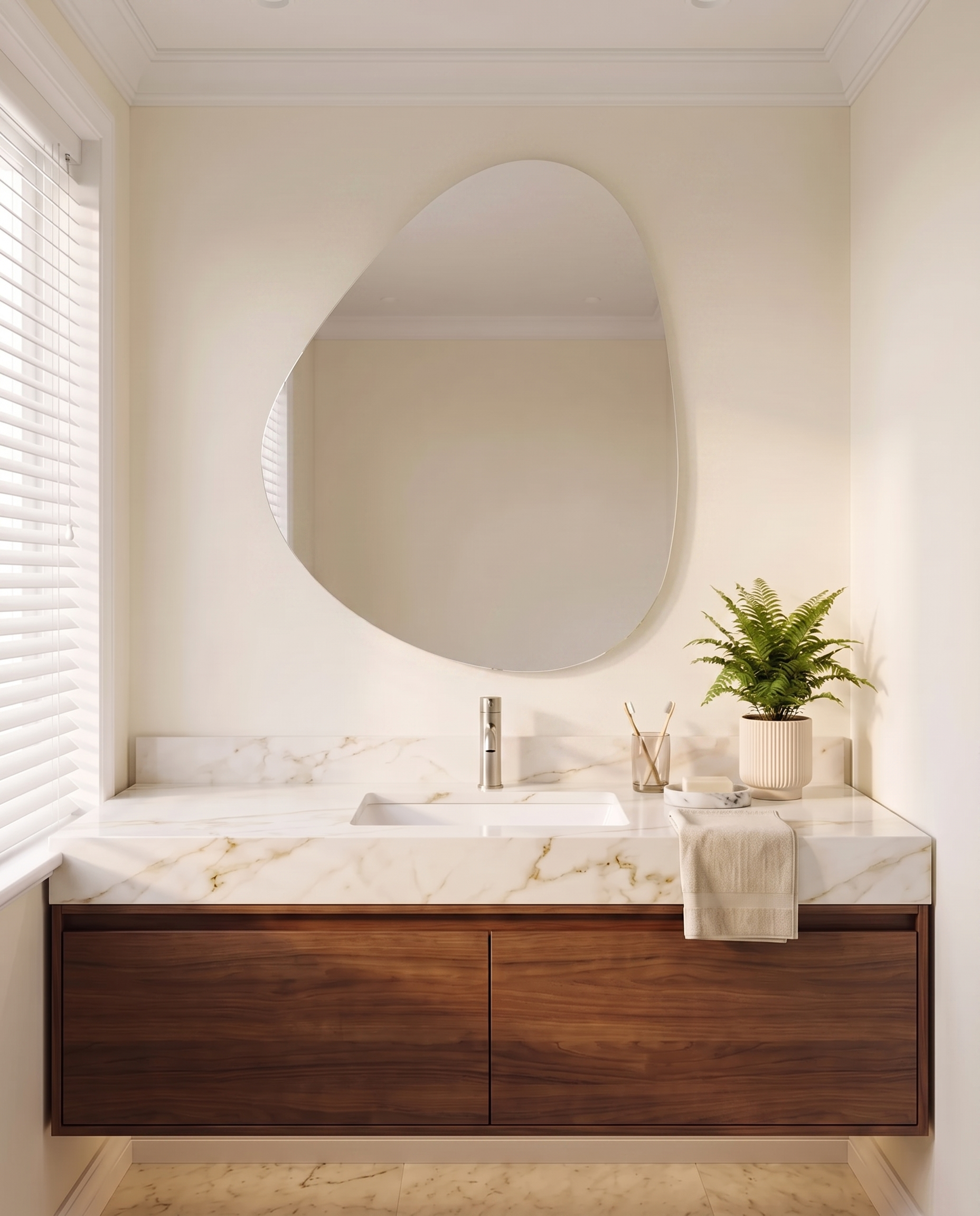 Isla Frameless Pebble Wall Mirror mounted above a walnut vanity with marble countertop in a cream bathroom