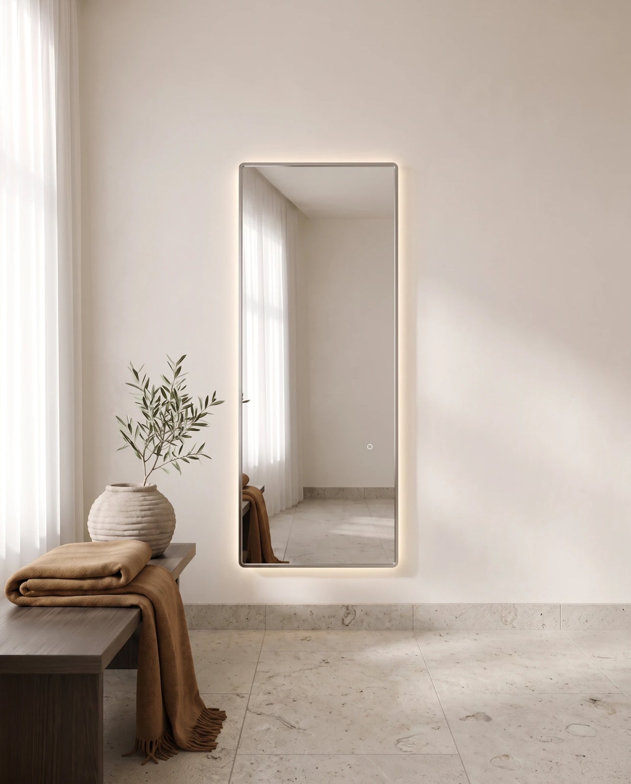 Lumen silver backlit rectangular mirror, close-up of the backlit edge