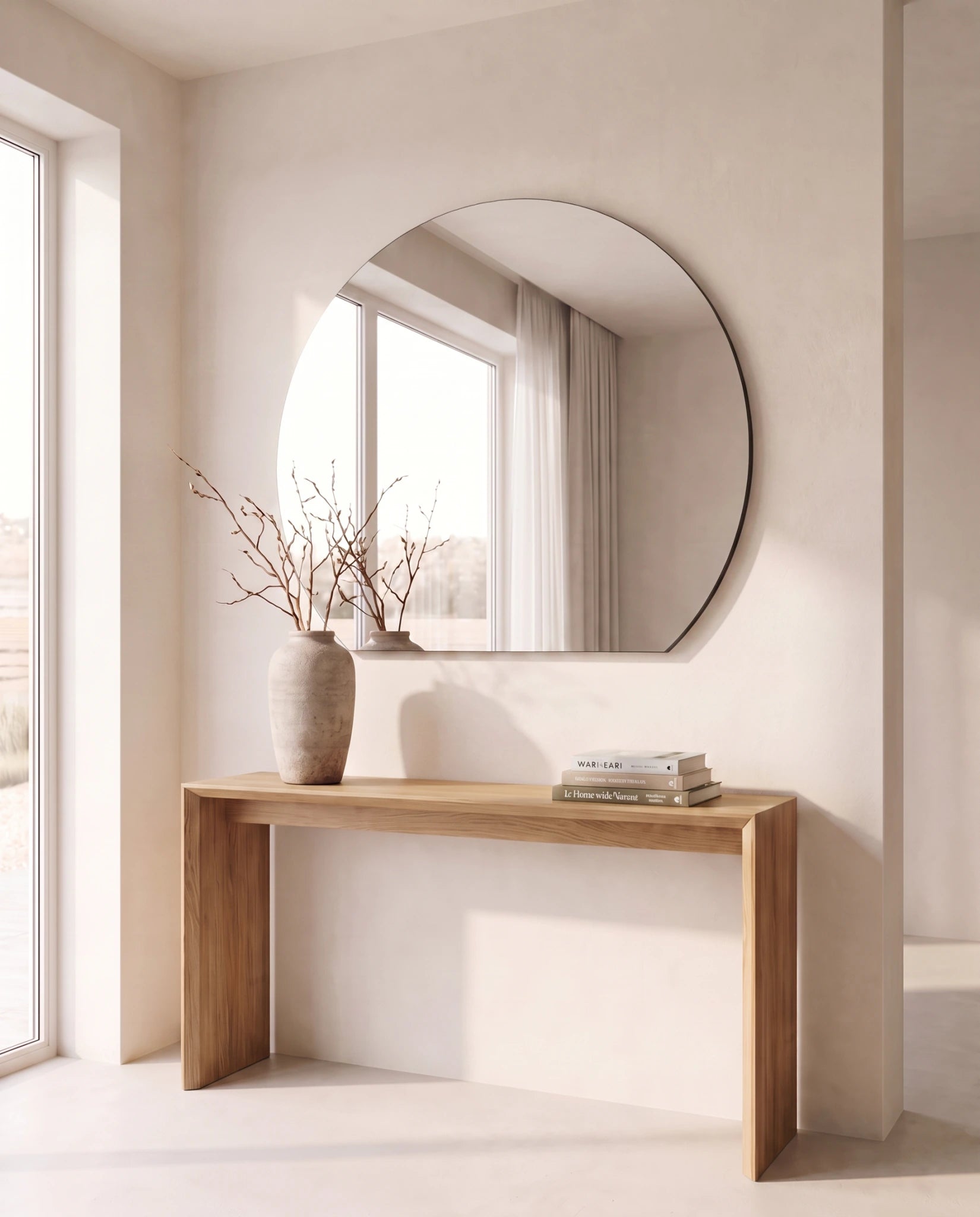 Luna frameless half-moon backlit mirror, close-up of the backlit edge