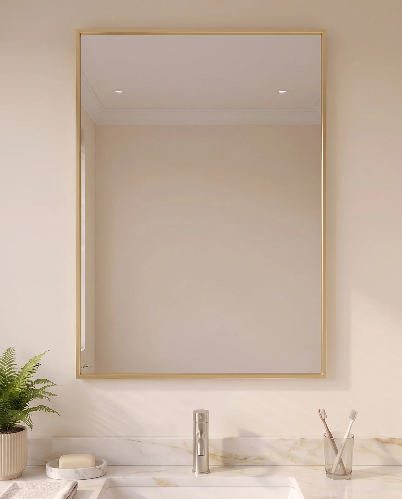 Margaux gold rectangular vanity mirror, close-up of the gold frame