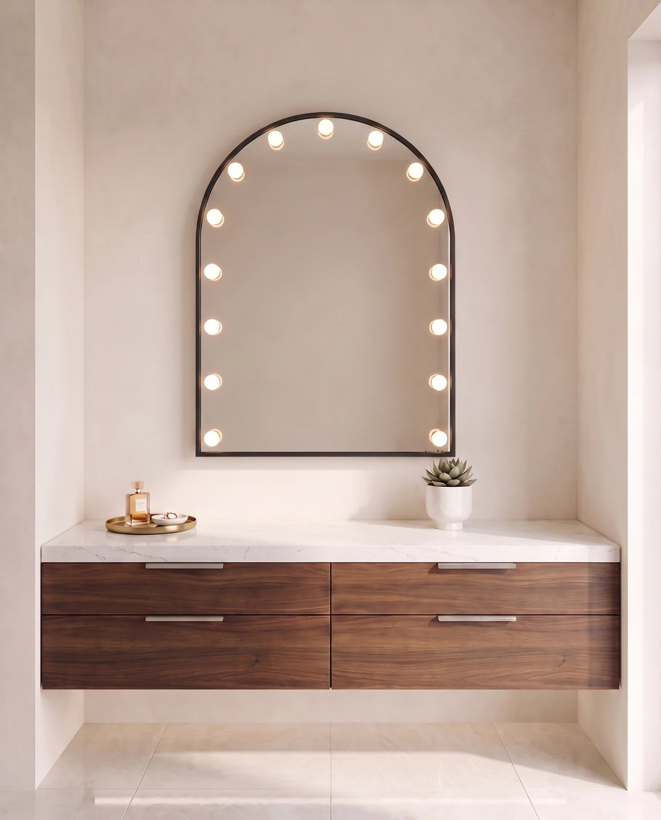 Soraya black arch wall mirror with bulbs
