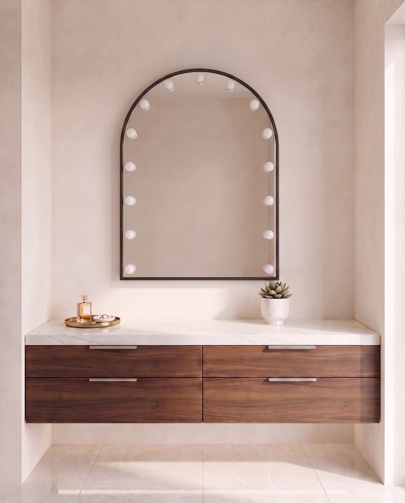 Soraya black arch wall mirror, close-up of the lit bulbs
