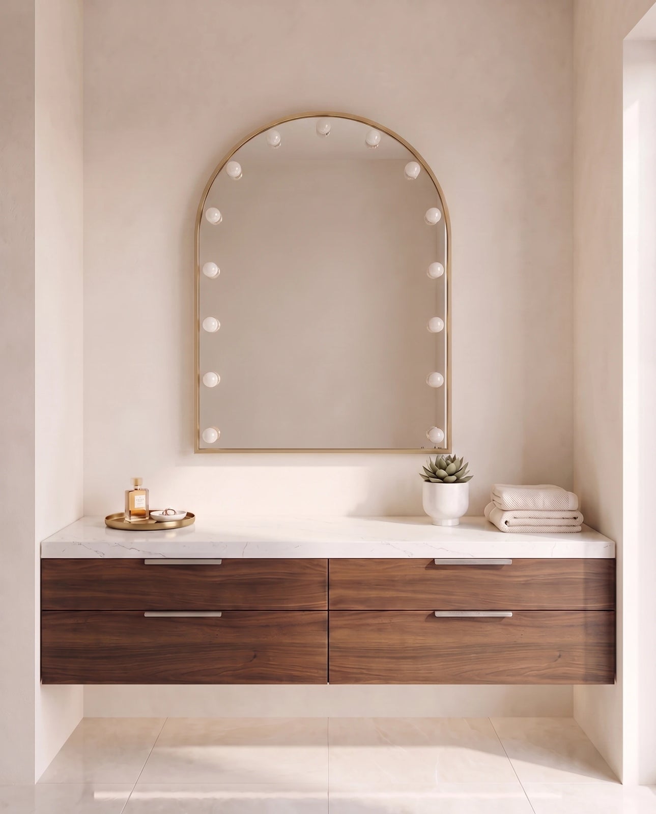 Soraya gold arch wall mirror, close-up of the lit bulbs