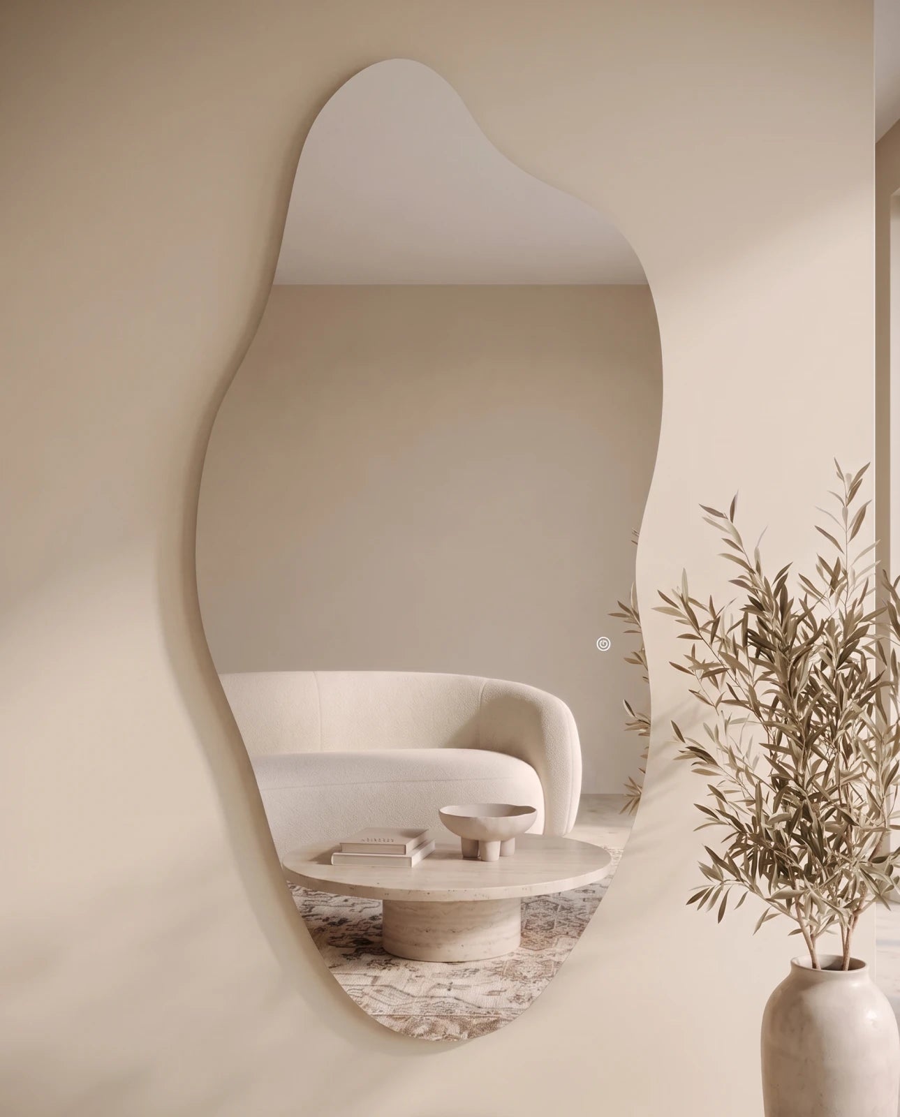 Thea frameless irregular LED mirror, close-up of the lit edge
