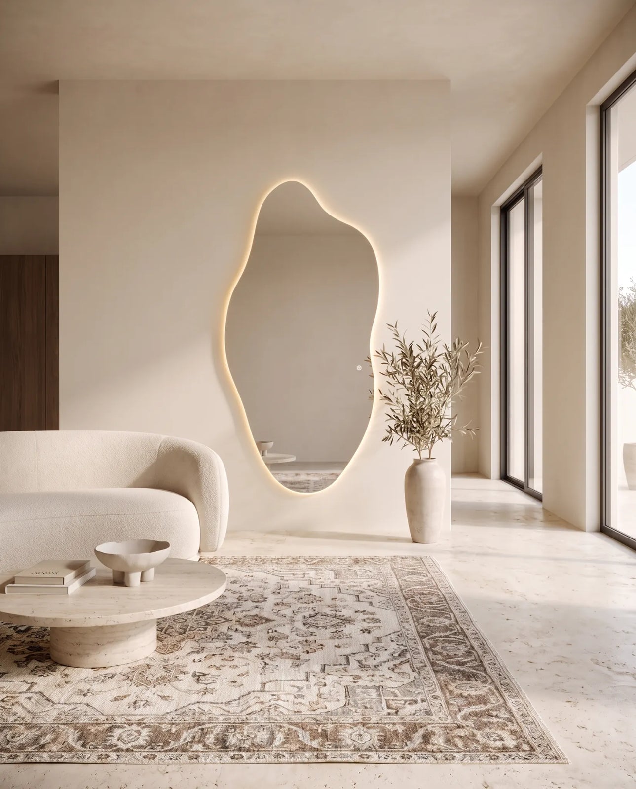 Thea frameless irregular LED mirror in a Dubai bedroom