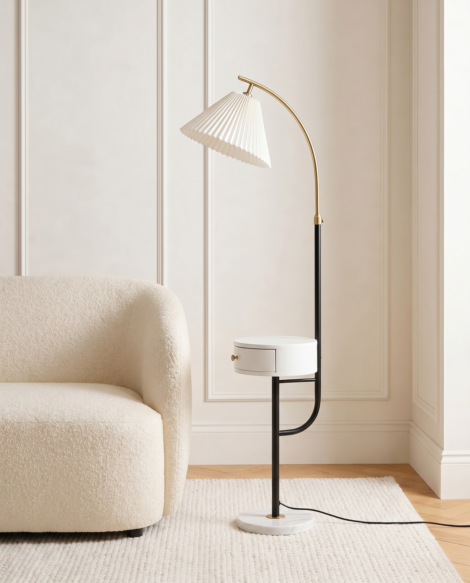 Arc floor lamp with built-in side table