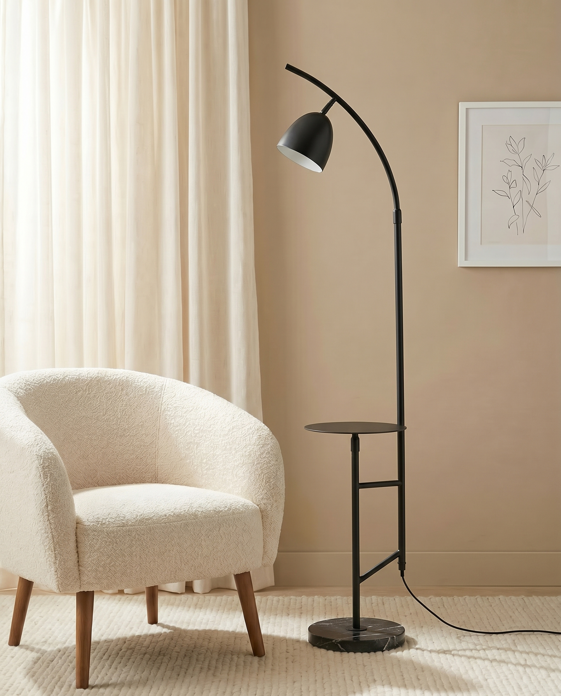 Black arched floor lamp with marble end table
