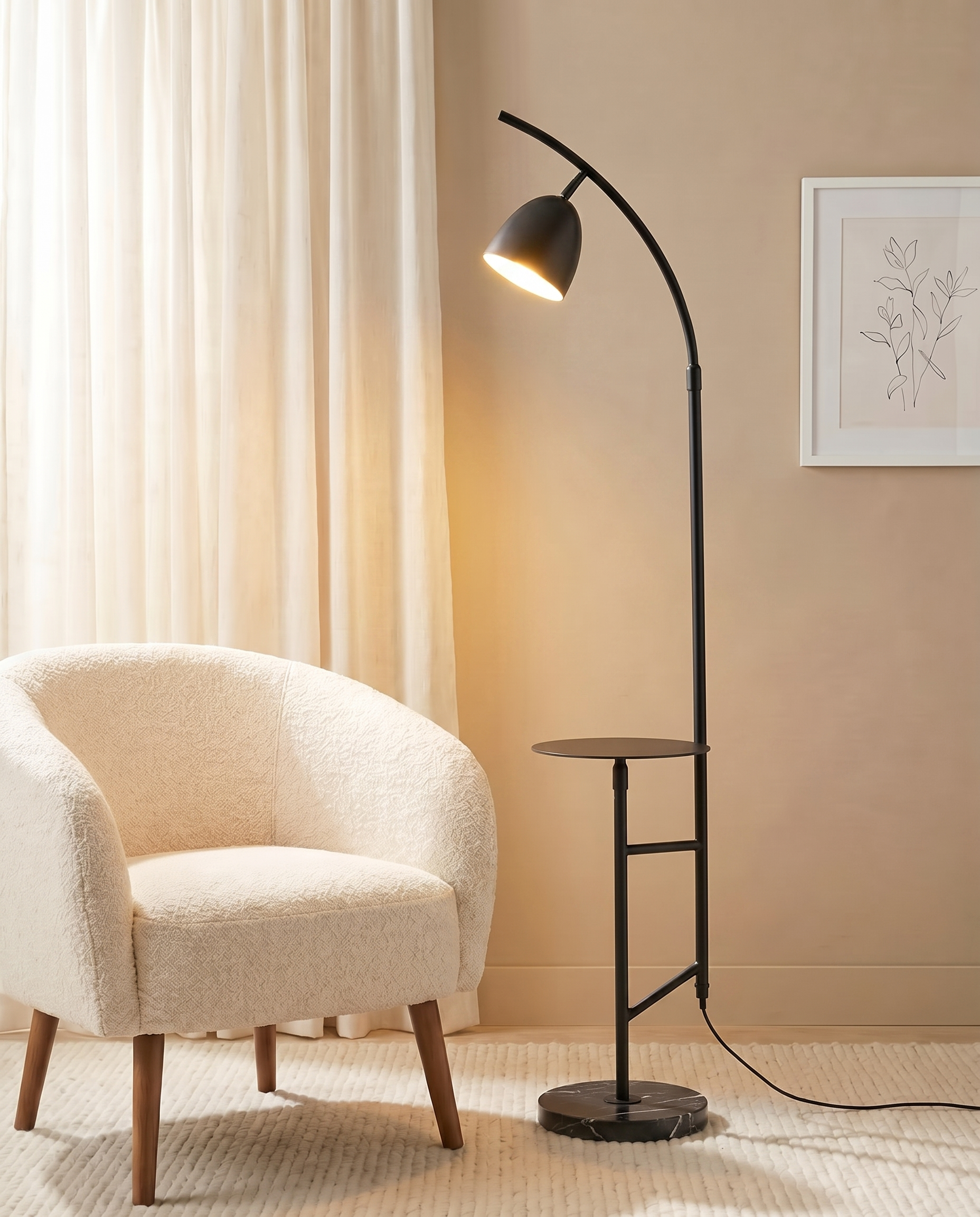 Alsen black arched floor lamp with marble side table, close-up detail