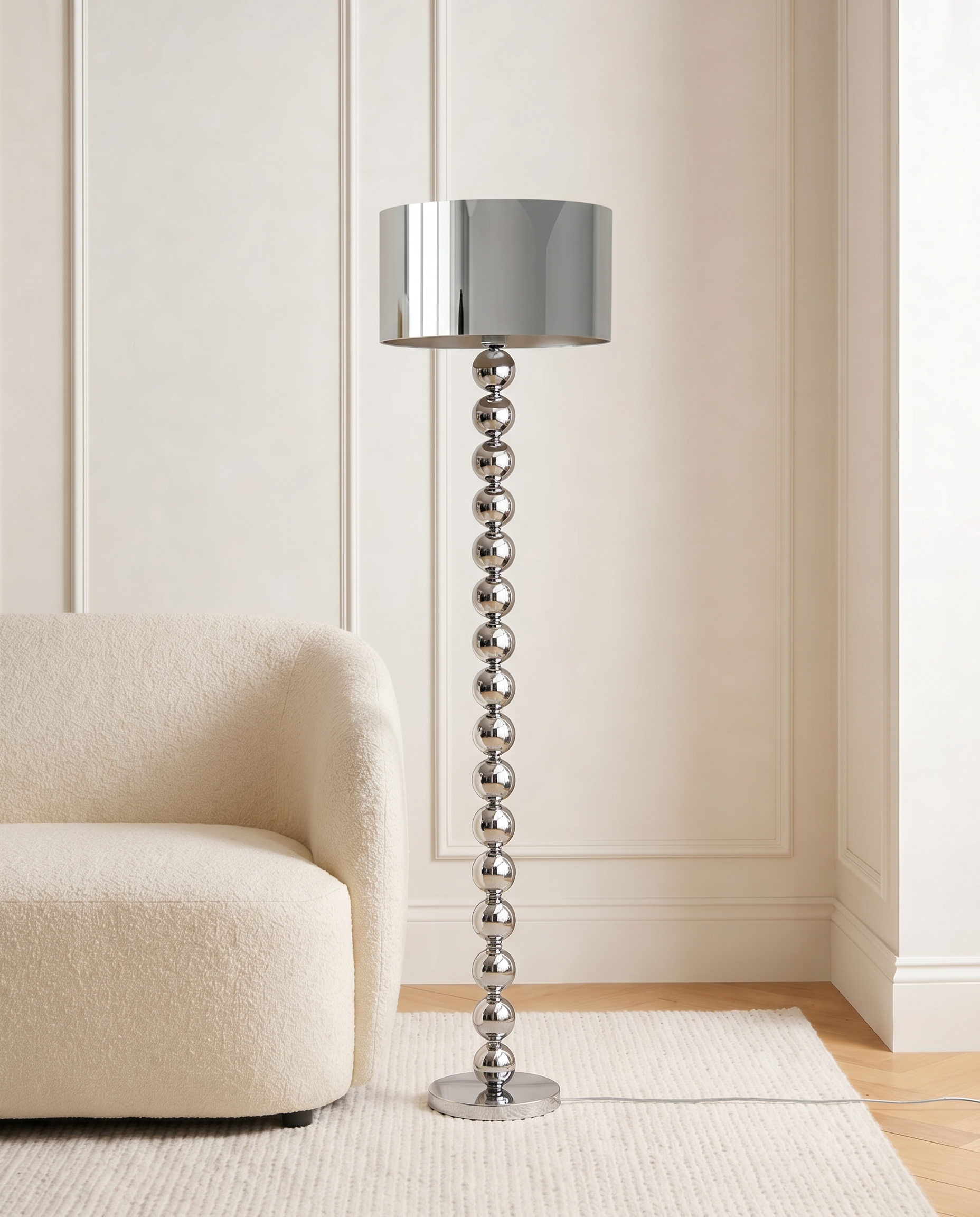 Silver beaded floor lamp with polished metal column